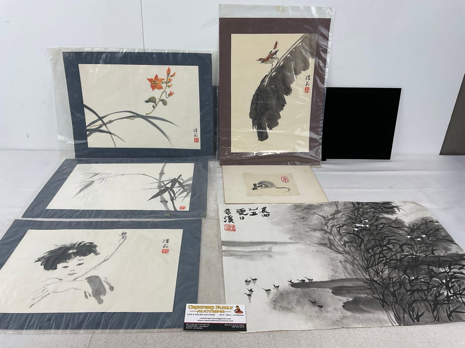 Several Japanese Black/White Watercolors, Young Boy, Bamboo, Mouse, & lovely Pond scene: Appears to be in good shape. The piece measures approx 12h x 15w x 2d inches. See pics. E-5360