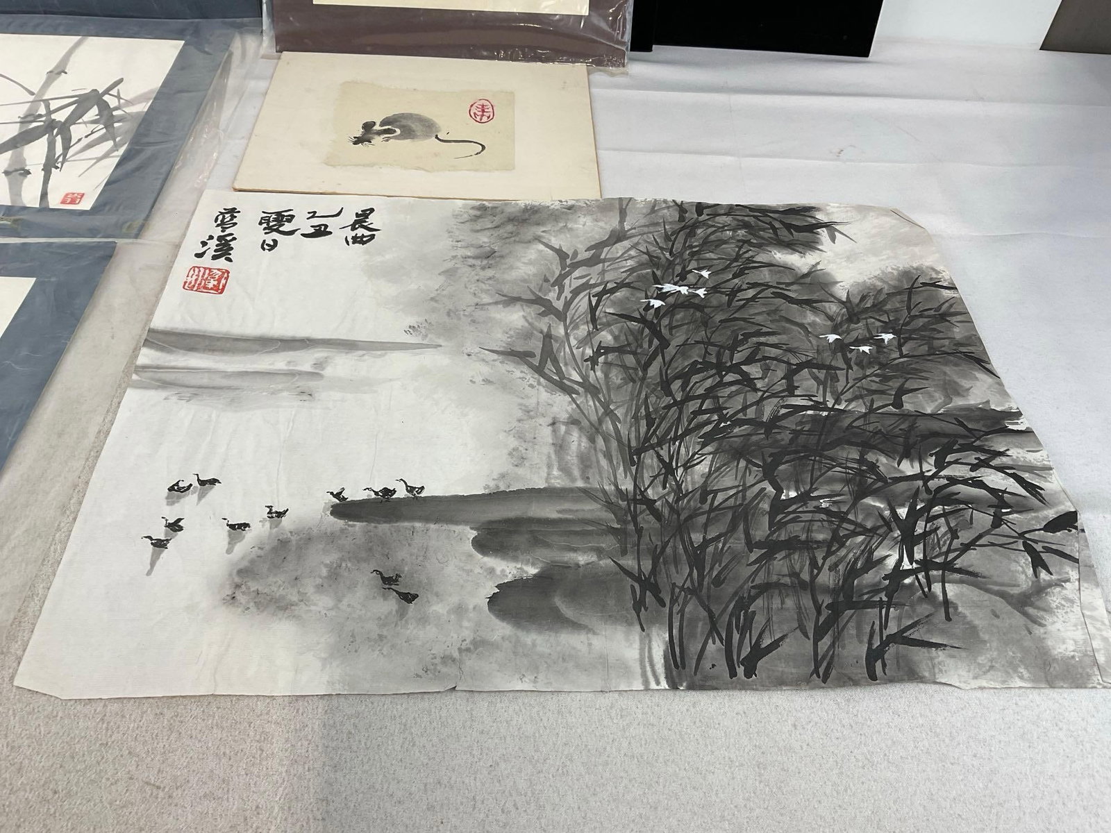Several Japanese Black/White Watercolors, Young Boy, Bamboo, Mouse, & lovely Pond scene - 2
