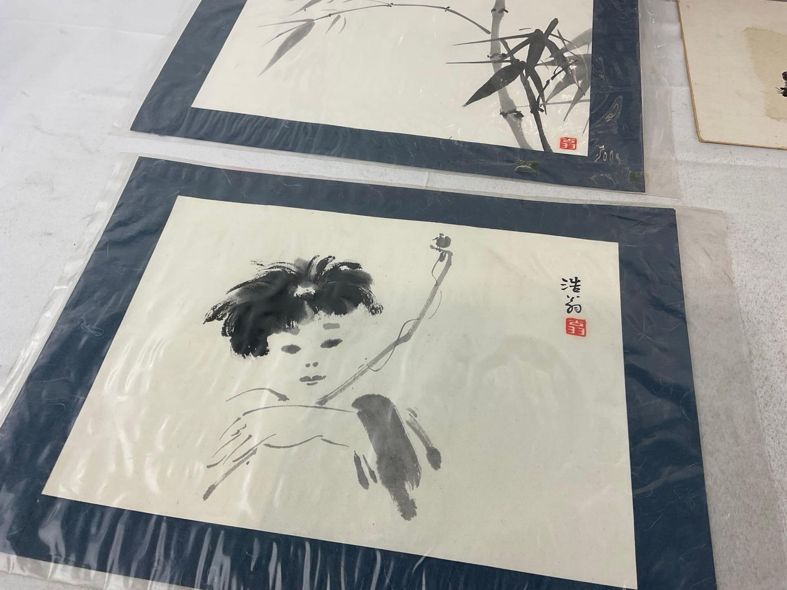 Several Japanese Black/White Watercolors, Young Boy, Bamboo, Mouse, & lovely Pond scene - 3