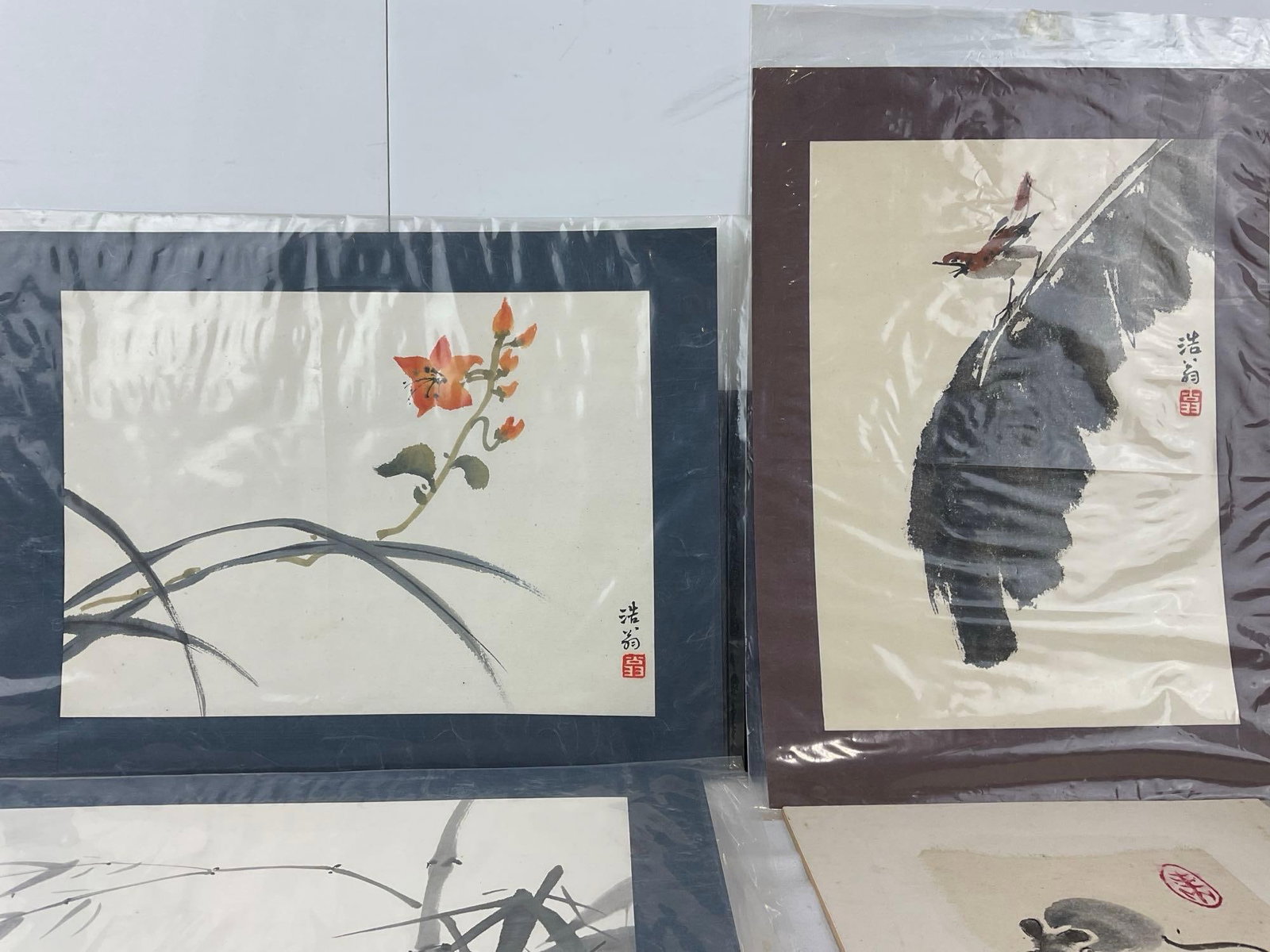 Several Japanese Black/White Watercolors, Young Boy, Bamboo, Mouse, & lovely Pond scene - 4