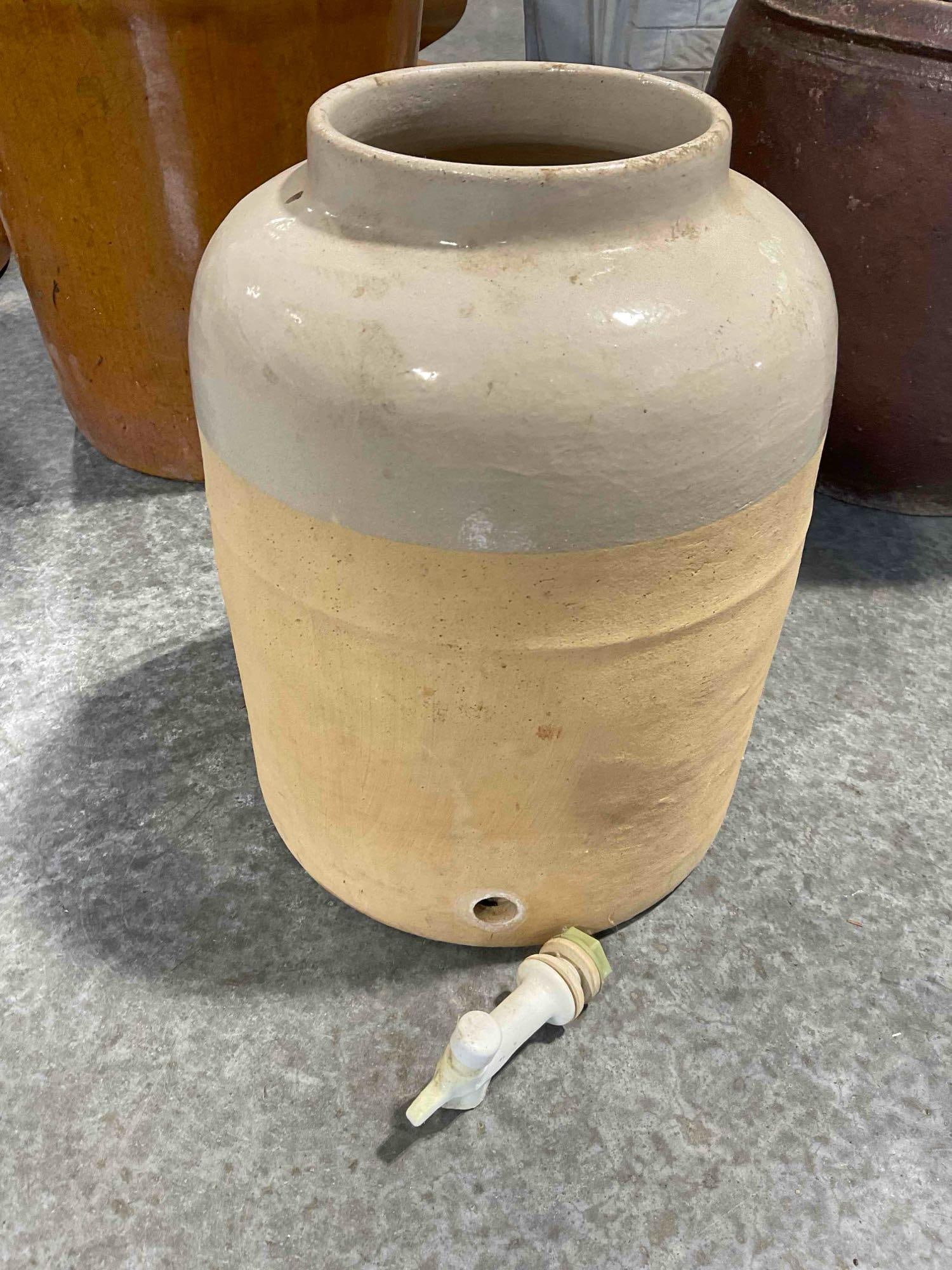 Vintage Cream Partially Glazed Stoneware Water Dispenser w/ Spout. Good Condition. See pics.: Vintage Cream Partially Glazed Stoneware Water Dispenser w/ Spout. Good Condition. Minor wear indicative of age and use, otherwise looks to be in good condition. Currently filled with wine corks.
