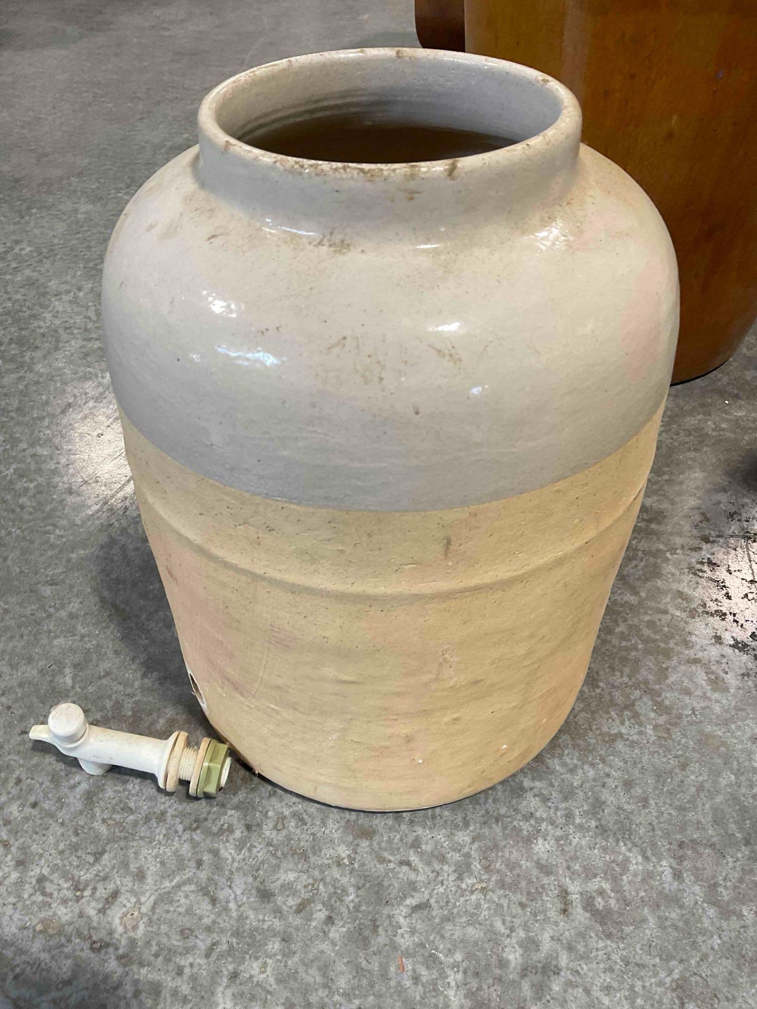 Vintage Cream Partially Glazed Stoneware Water Dispenser w/ Spout. Good Condition. See pics. - 2