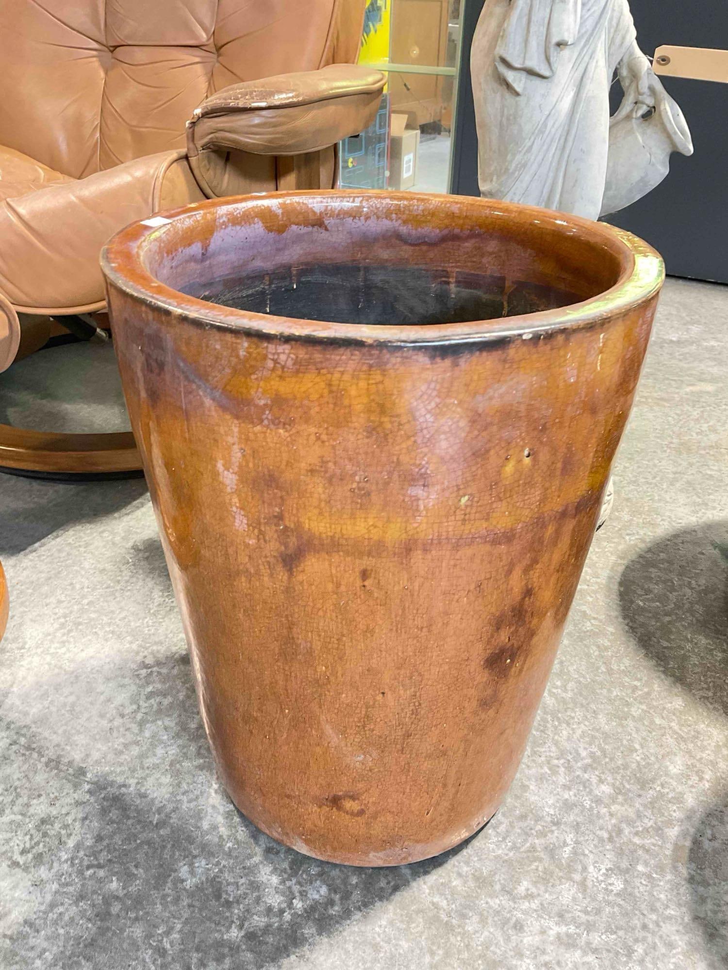 Burnt Orange Glazed Ceramic Planter Pot w/ Crazed Finish. Measures 14" x 14" x 18" See pics. - 3