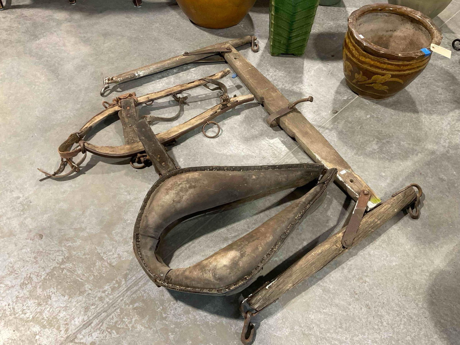 Antique Primitive Wood & Leather Plow Animal Collar, Harness & Hames. Fair Condition. See pics. - 2
