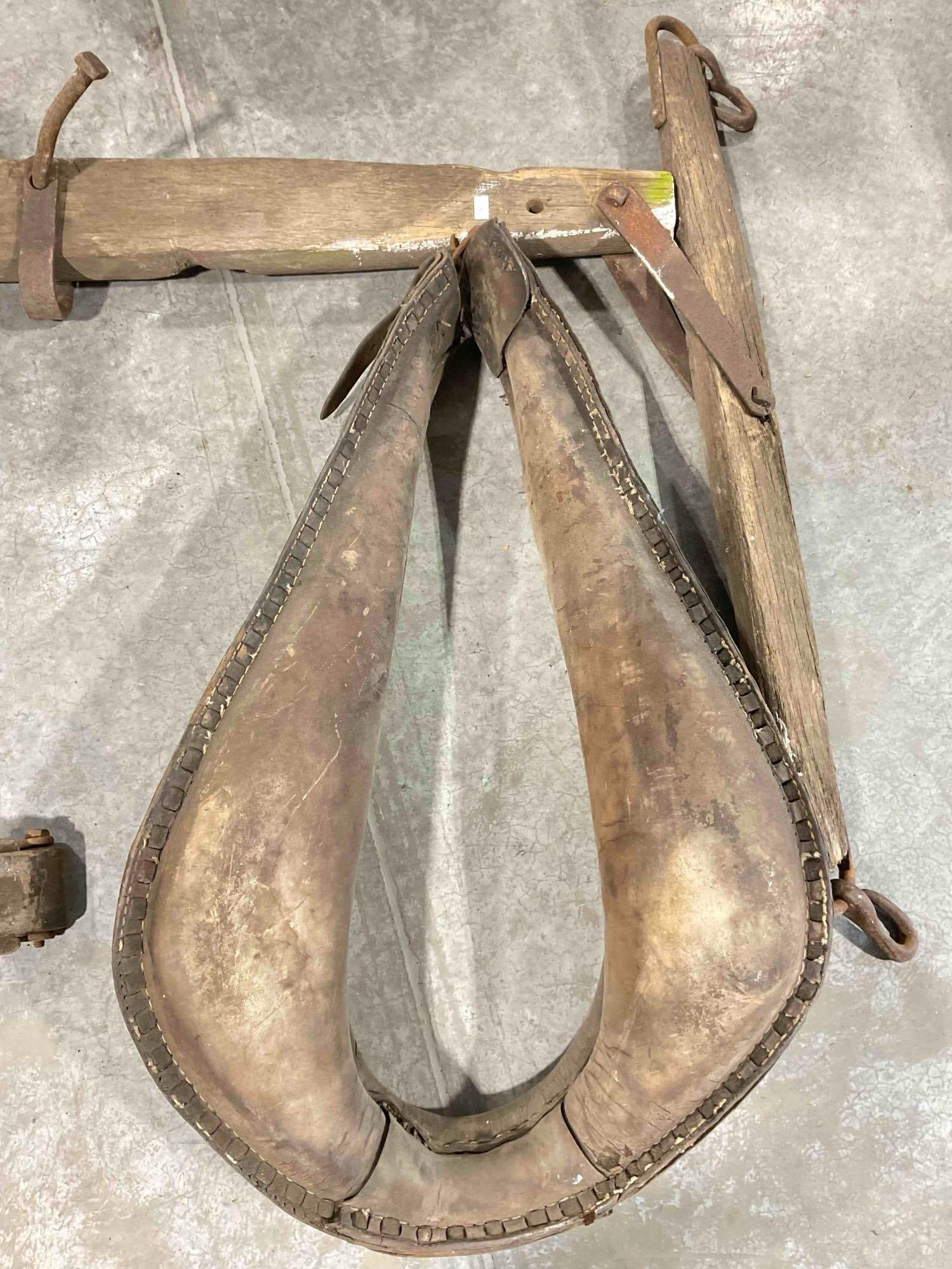 Antique Primitive Wood & Leather Plow Animal Collar, Harness & Hames. Fair Condition. See pics. - 4