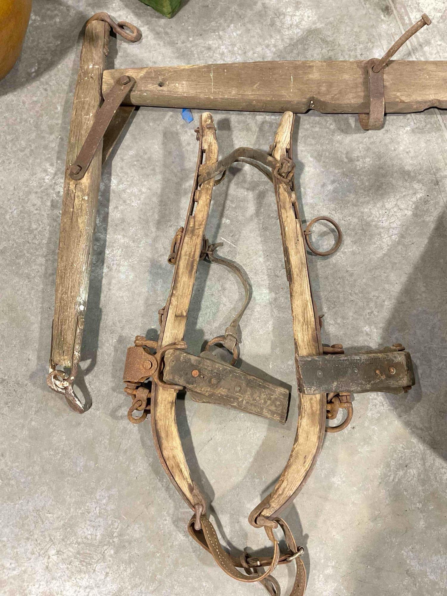 Antique Primitive Wood & Leather Plow Animal Collar, Harness & Hames. Fair Condition. See pics. - 5
