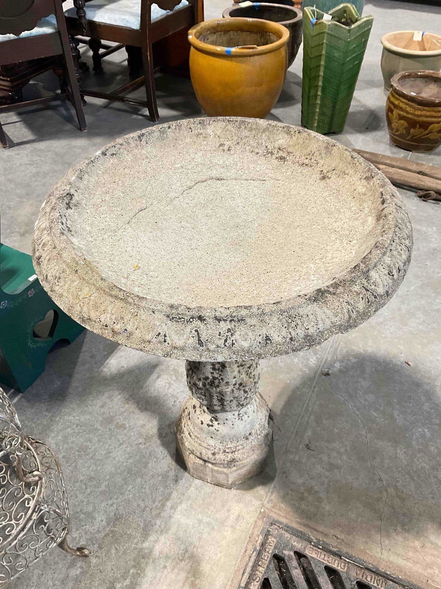 Vintage Concrete Bird Bath w/ Round Basin & Fluted Base. Fair Condition. See pics.: Vintage Concrete Bird Bath w/ Round Basin & Fluted Base. Fair Condition. Basin has a few cracks and a few chips missing, piece is weathered as indicative of being outside, otherwise looks to be