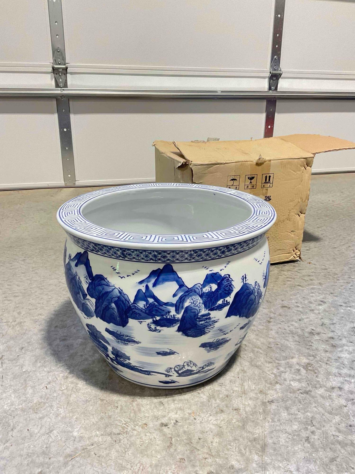 NIB Asian Style Blue & White Ceramic Fishbowl Planter Pot w/ Landscape Pattern. See pics.: NIB Asian Style Blue & White Ceramic Fishbowl Planter Pot w/ Landscape Pattern. Box has been opened for photography, otherwise looks to be in good condition. Measures 16" x 16" x 12" DM-6130