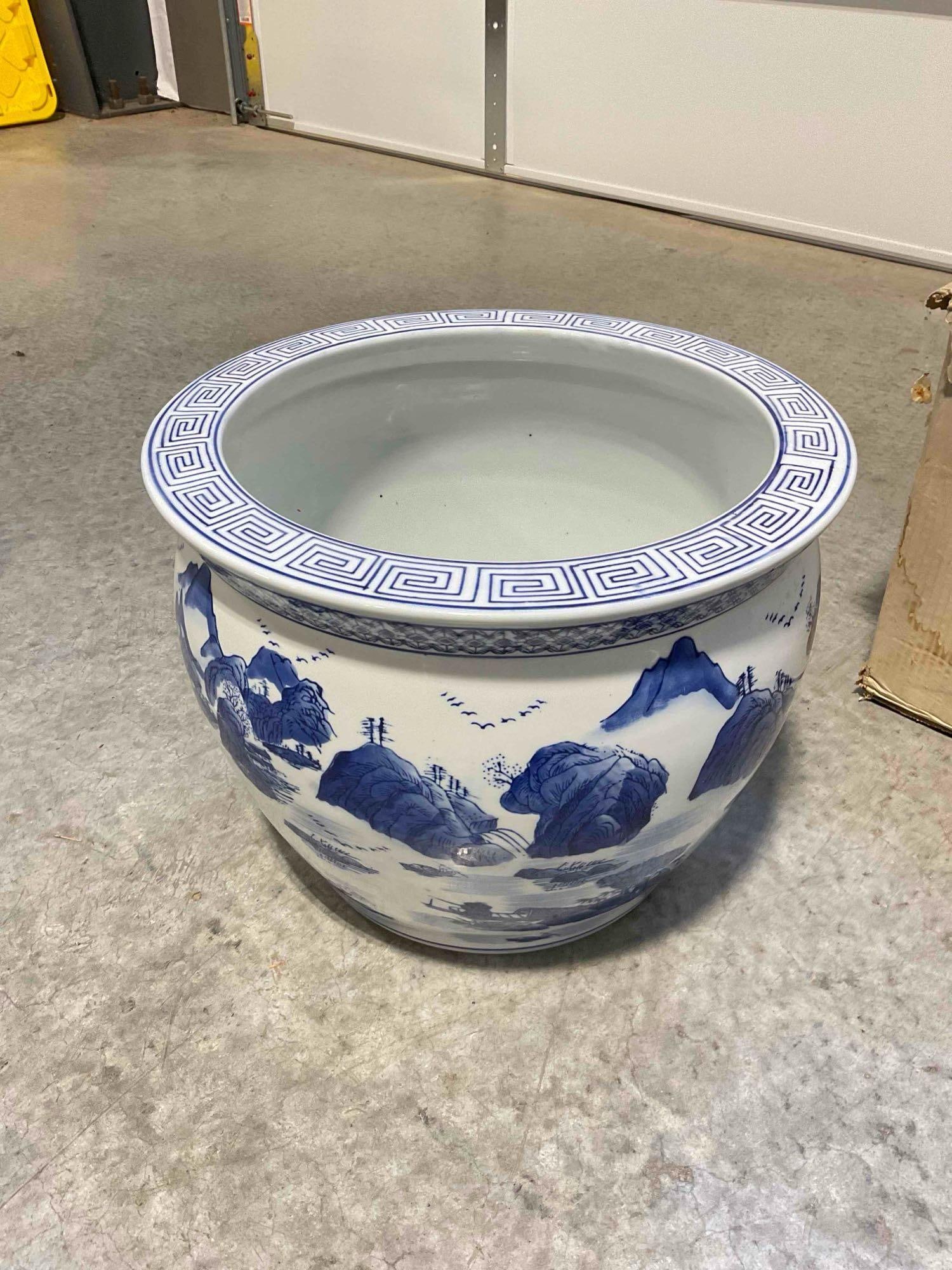 NIB Asian Style Blue & White Ceramic Fishbowl Planter Pot w/ Landscape Pattern. See pics. - 2
