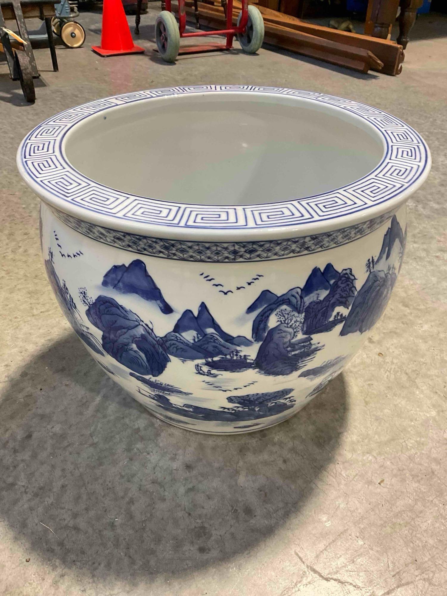 NIB Asian Style Blue & White Ceramic Fishbowl Planter Pot w/ Landscape Pattern. See pics. - 3