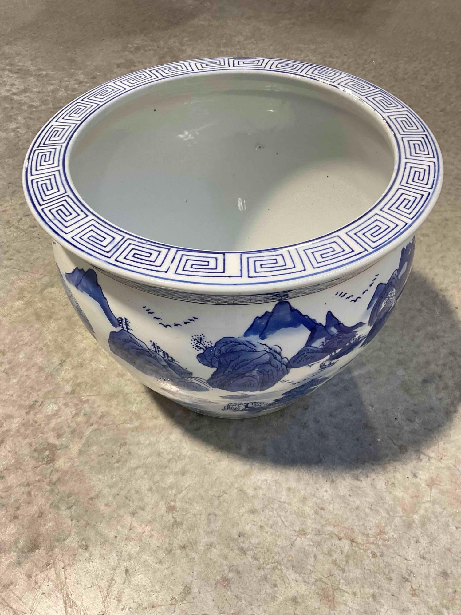 NIB Asian Style Blue & White Ceramic Fishbowl Planter Pot w/ Landscape Pattern. See pics. - 4