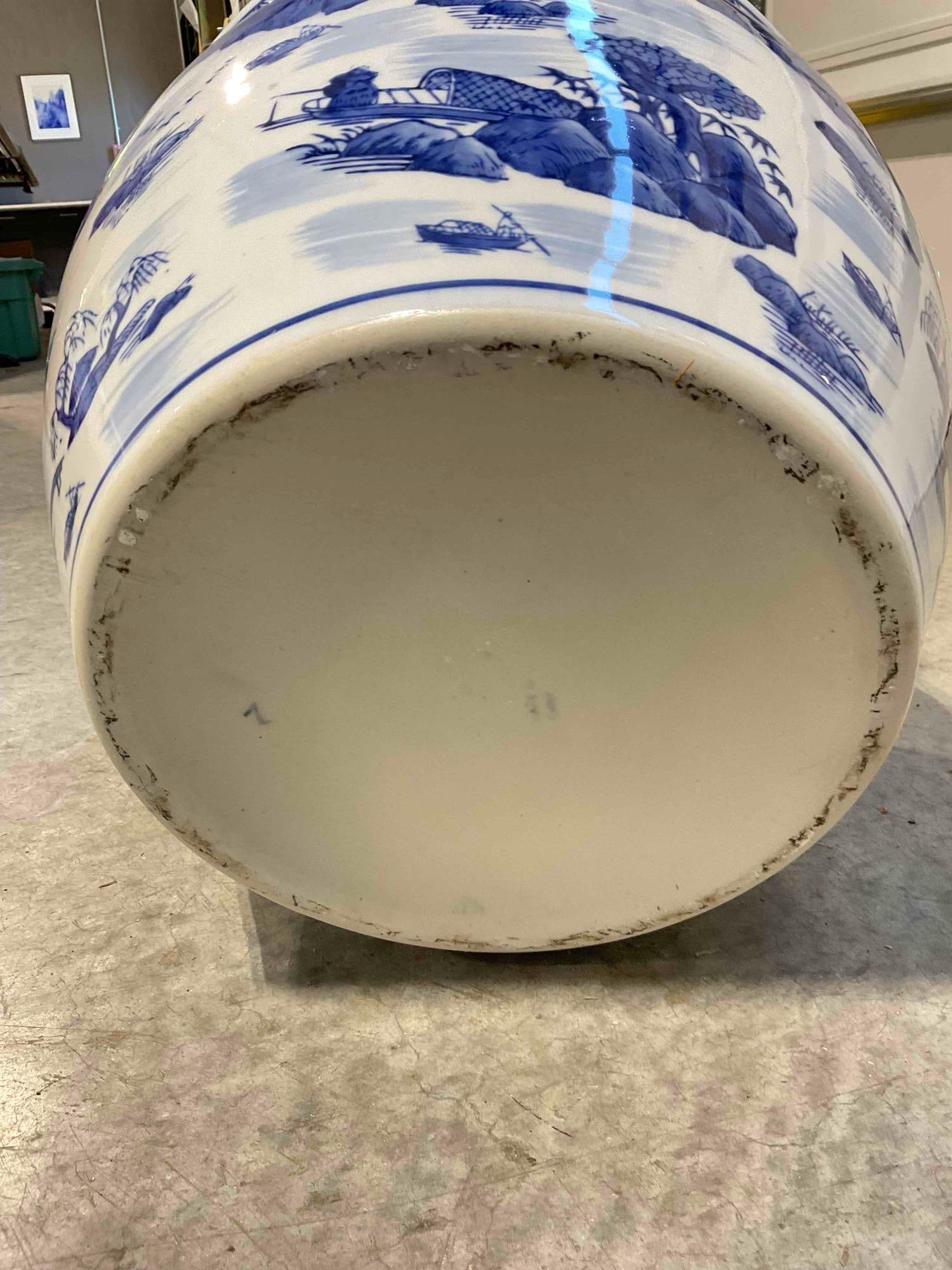 NIB Asian Style Blue & White Ceramic Fishbowl Planter Pot w/ Landscape Pattern. See pics. - 5