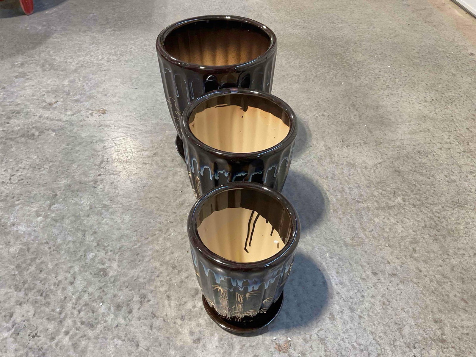 NIB 3 pcs Brown Glazed Ceramic Planter Pots w/ Chinese Calligraphy & Bamboo Design. - 4