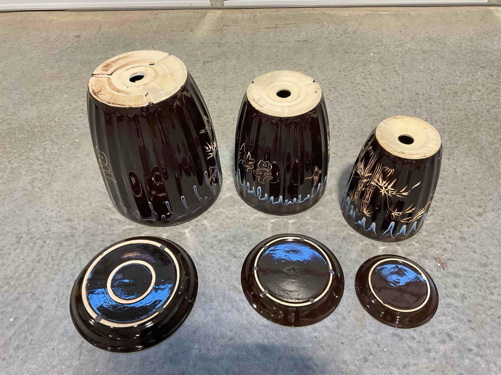 NIB 3 pcs Brown Glazed Ceramic Planter Pots w/ Chinese Calligraphy & Bamboo Design. - 6