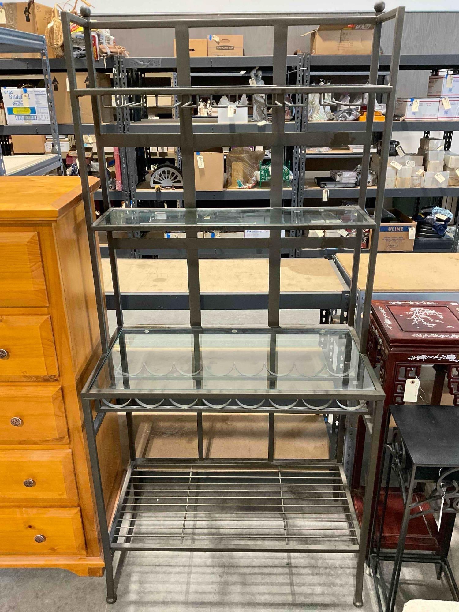 Brushed Gray Metal Wine Storage Rack w/ 3 Glass Shelves. Good Condition. See pics.: Brushed Gray Metal Wine Storage Rack w/ 3 Glass Shelves. Good Condition. Minor wear indicative of age and use, otherwise looks to be in good condition. Measures 35" x 19" x 72" DM-5980