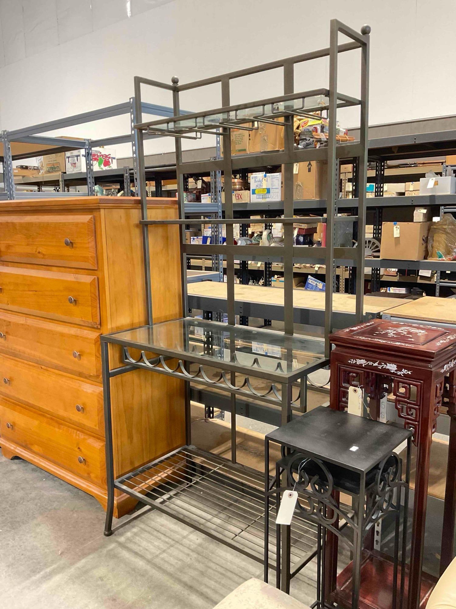 Brushed Gray Metal Wine Storage Rack w/ 3 Glass Shelves. Good Condition. See pics. - 2