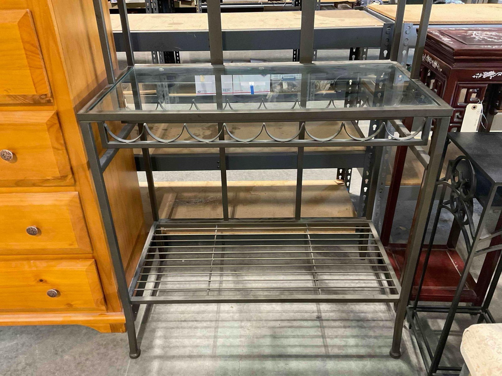 Brushed Gray Metal Wine Storage Rack w/ 3 Glass Shelves. Good Condition. See pics. - 4