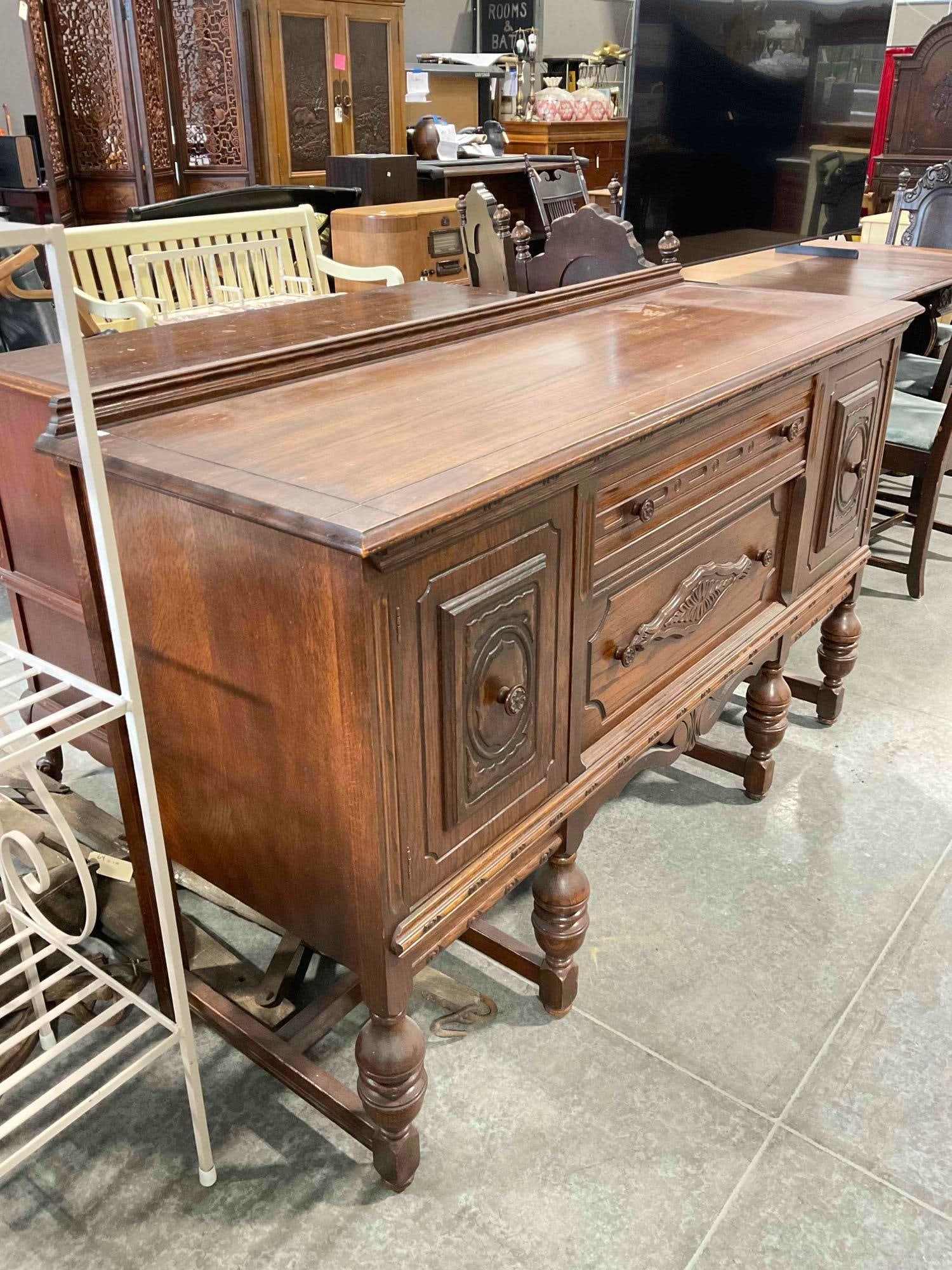 Vintage Jacobean Revival Walnut? Finish Wood Buffet w/ 2 Drawers & 2 Cupboards. See pics. - 3