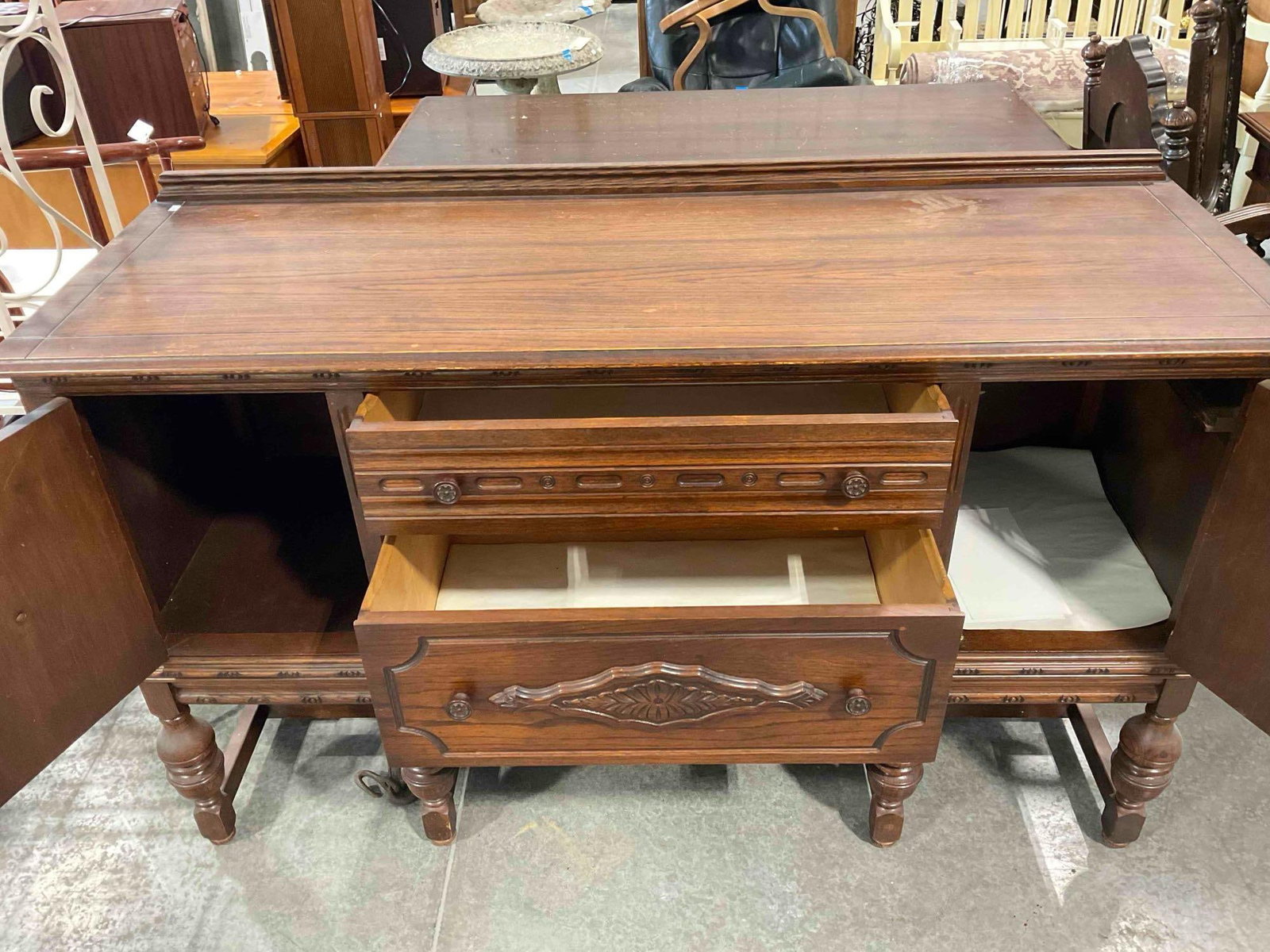 Vintage Jacobean Revival Walnut? Finish Wood Buffet w/ 2 Drawers & 2 Cupboards. See pics. - 6