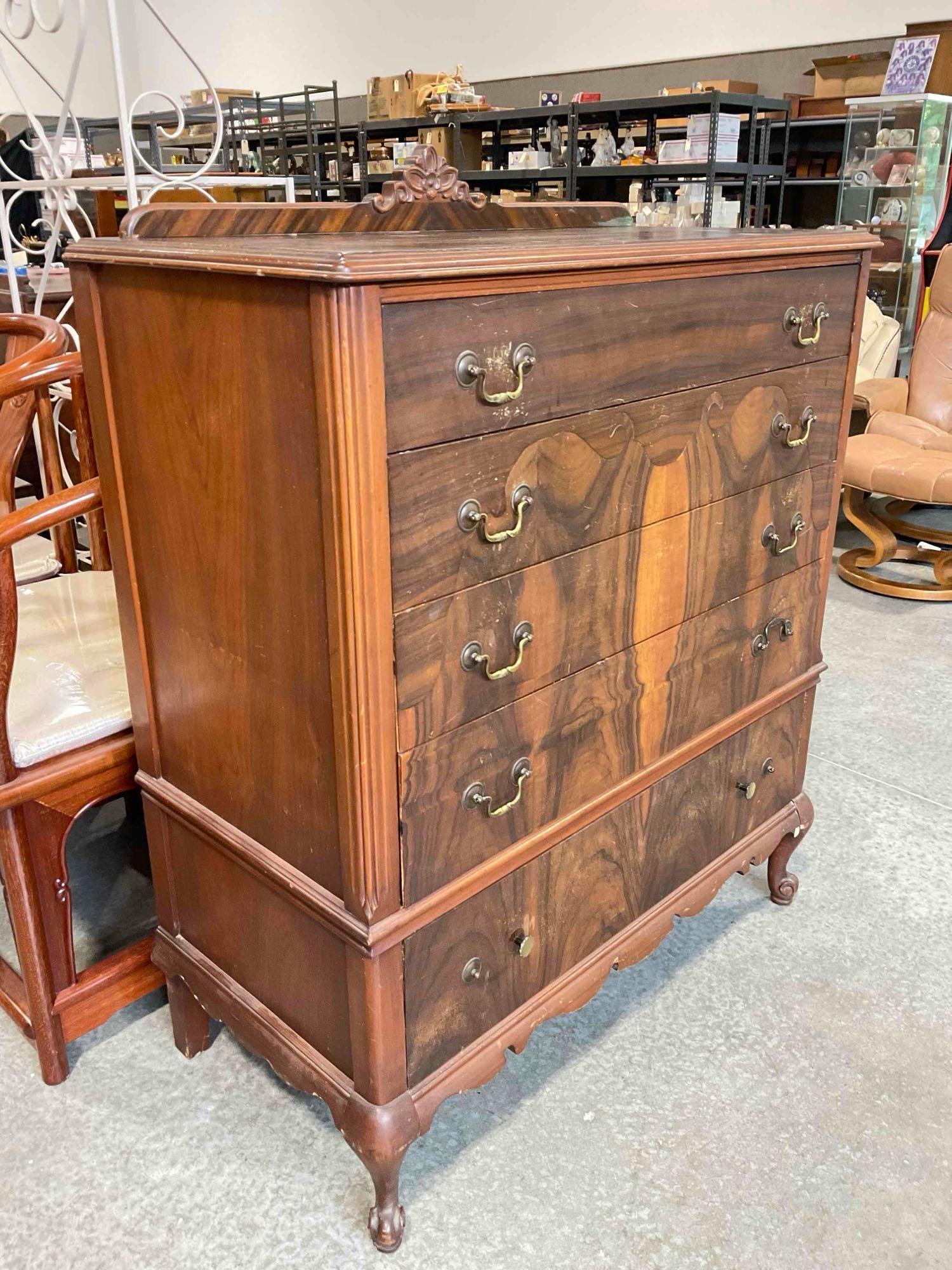 Vintage Oak Wood? 5-Drawer Dresser w/ Flame Mahogany Veneer. Fair Condition. See pics. - 2