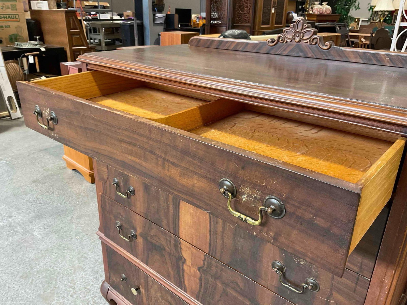 Vintage Oak Wood? 5-Drawer Dresser w/ Flame Mahogany Veneer. Fair Condition. See pics. - 5