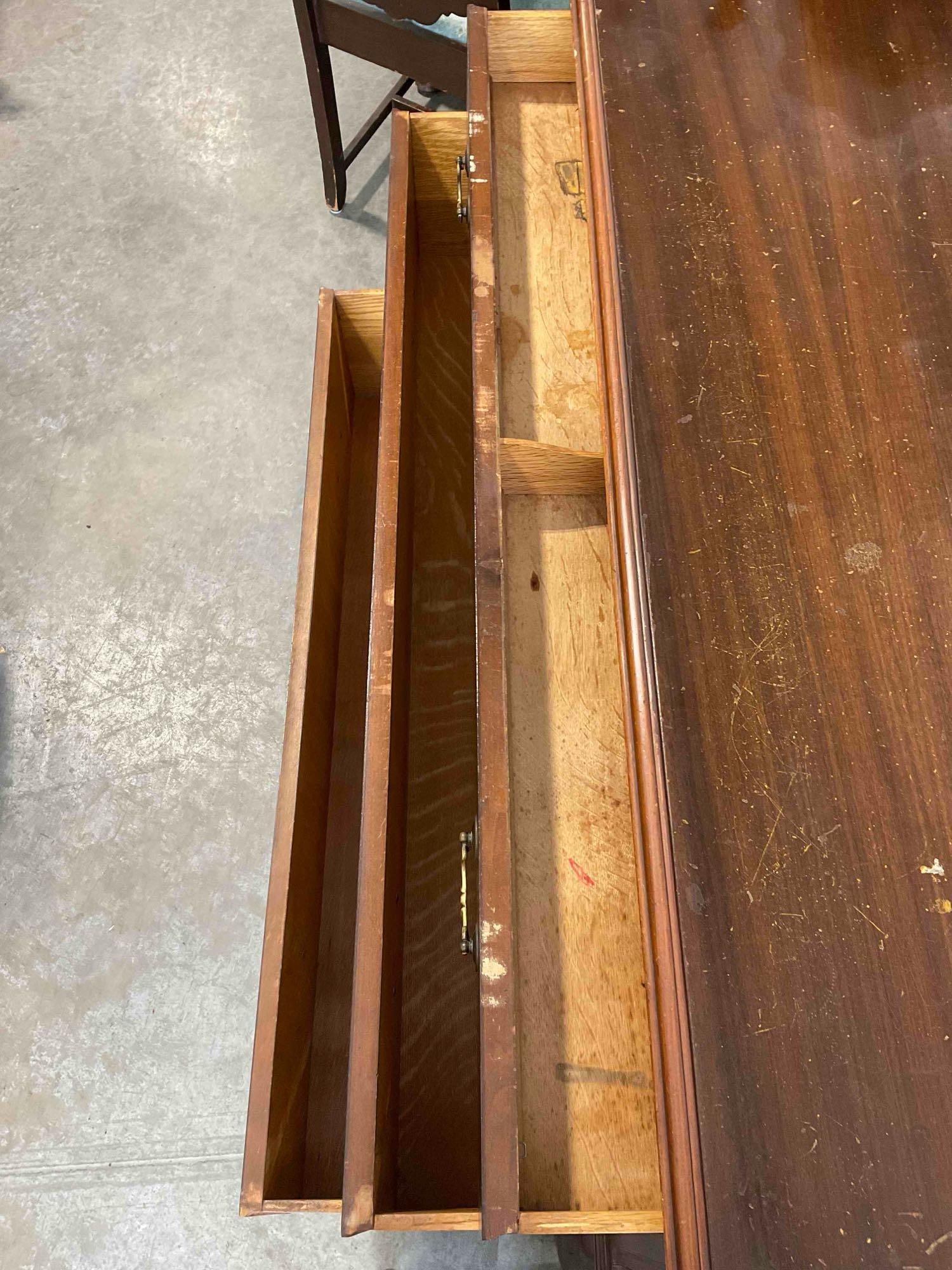 Vintage Oak? Wood 3-Drawer Dresser w/ Walnut Veneer & Burl Sections. Fair Condition. See pics. - 6