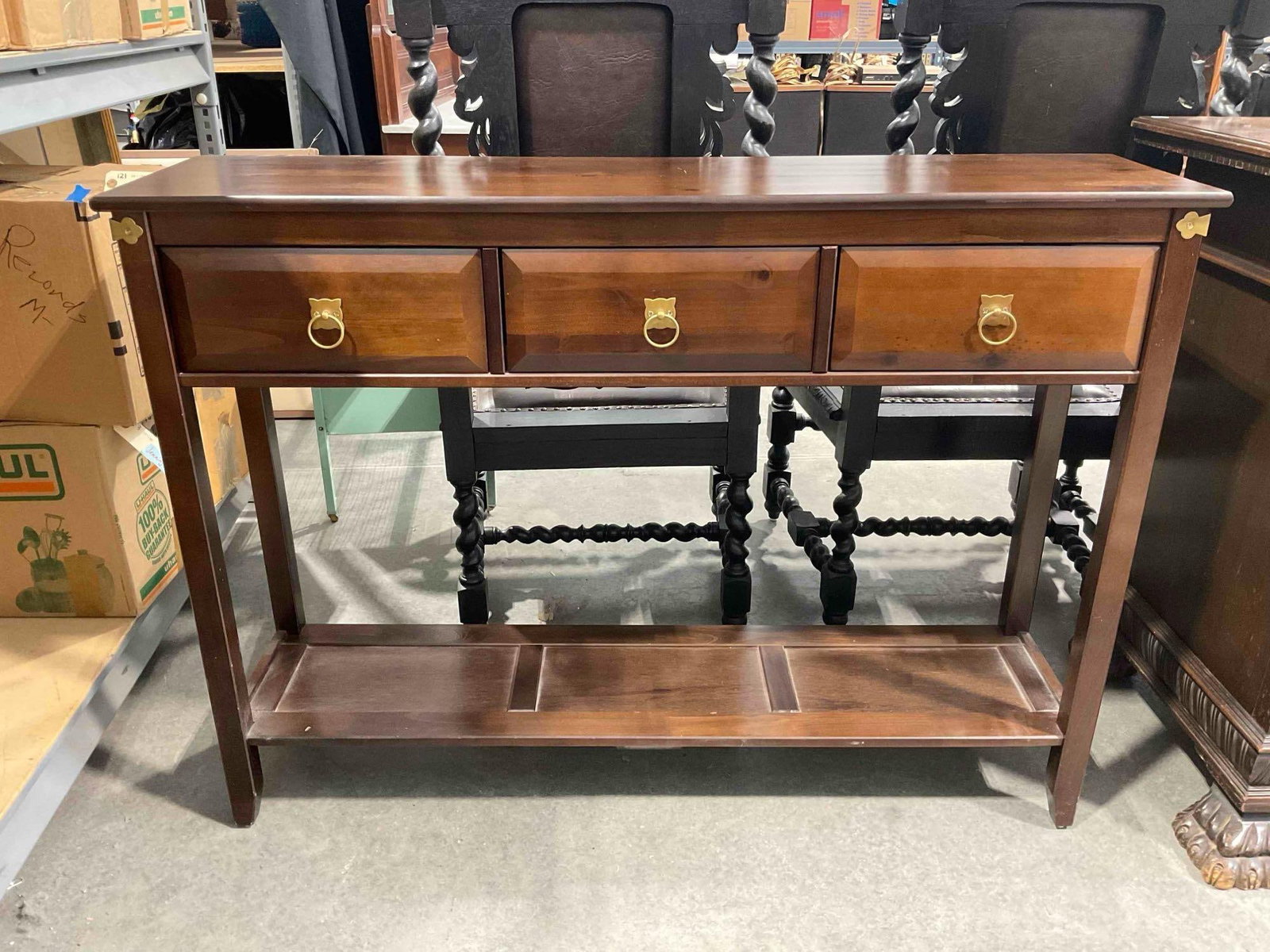 Modern Walnut Wood Finish Console Table w/ 3 Drawer, Shelf & Brass Accents. See pics.: Modern Walnut Wood Finish Console Table w/ 3 Drawer, Shelf & Brass Accents. Minor wear indicative of age and use, otherwise looks to be in good condition. Measures 39" x 14" x 36" DM-5980