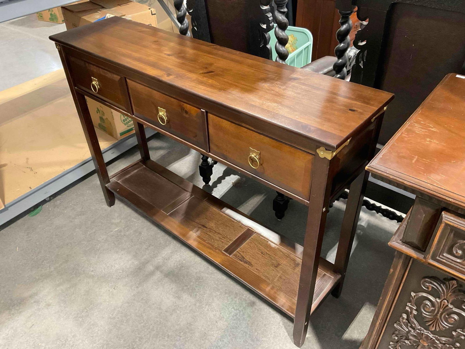 Modern Walnut Wood Finish Console Table w/ 3 Drawer, Shelf & Brass Accents. See pics. - 2