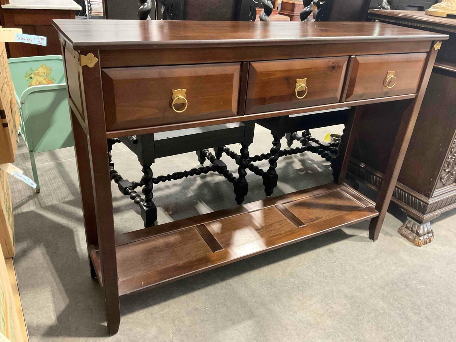 Modern Walnut Wood Finish Console Table w/ 3 Drawer, Shelf & Brass Accents. See pics. - 3