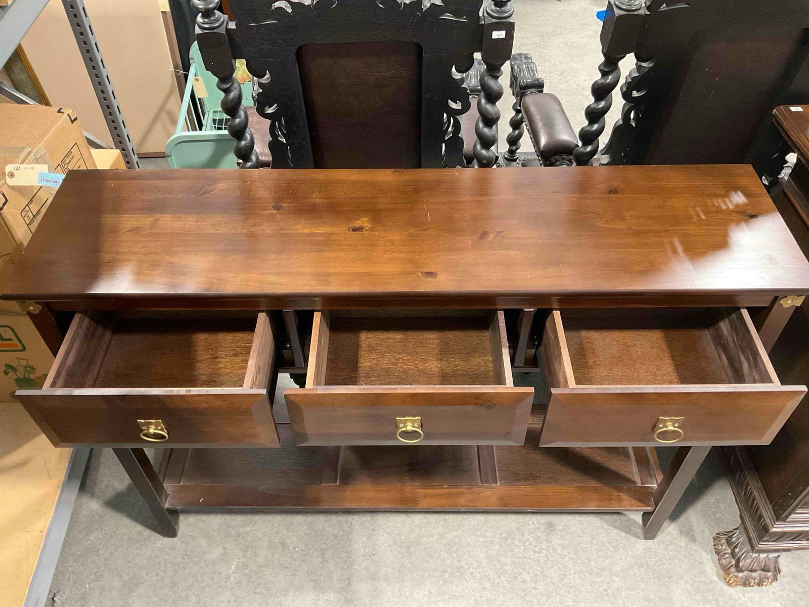Modern Walnut Wood Finish Console Table w/ 3 Drawer, Shelf & Brass Accents. See pics. - 4