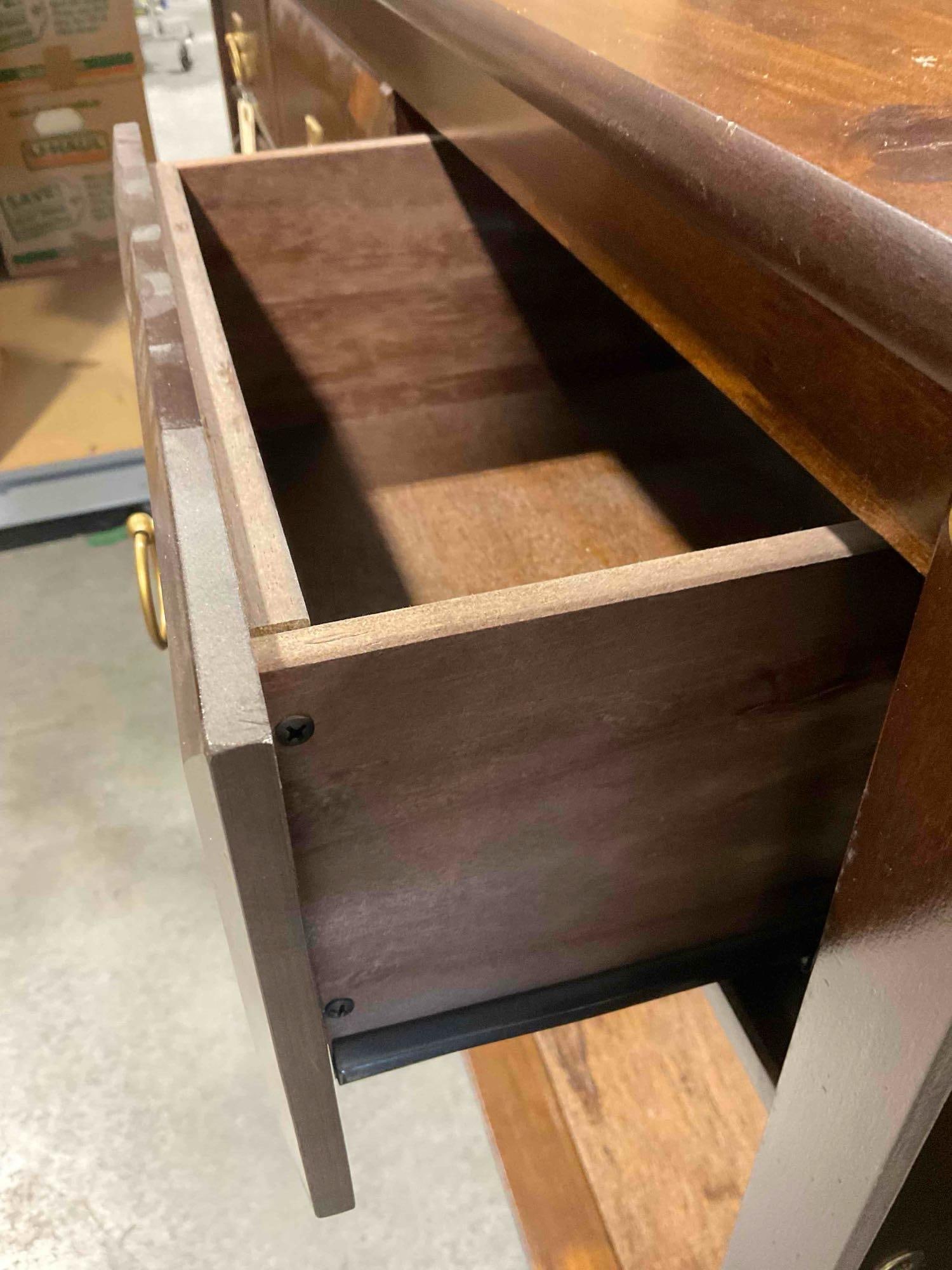 Modern Walnut Wood Finish Console Table w/ 3 Drawer, Shelf & Brass Accents. See pics. - 5