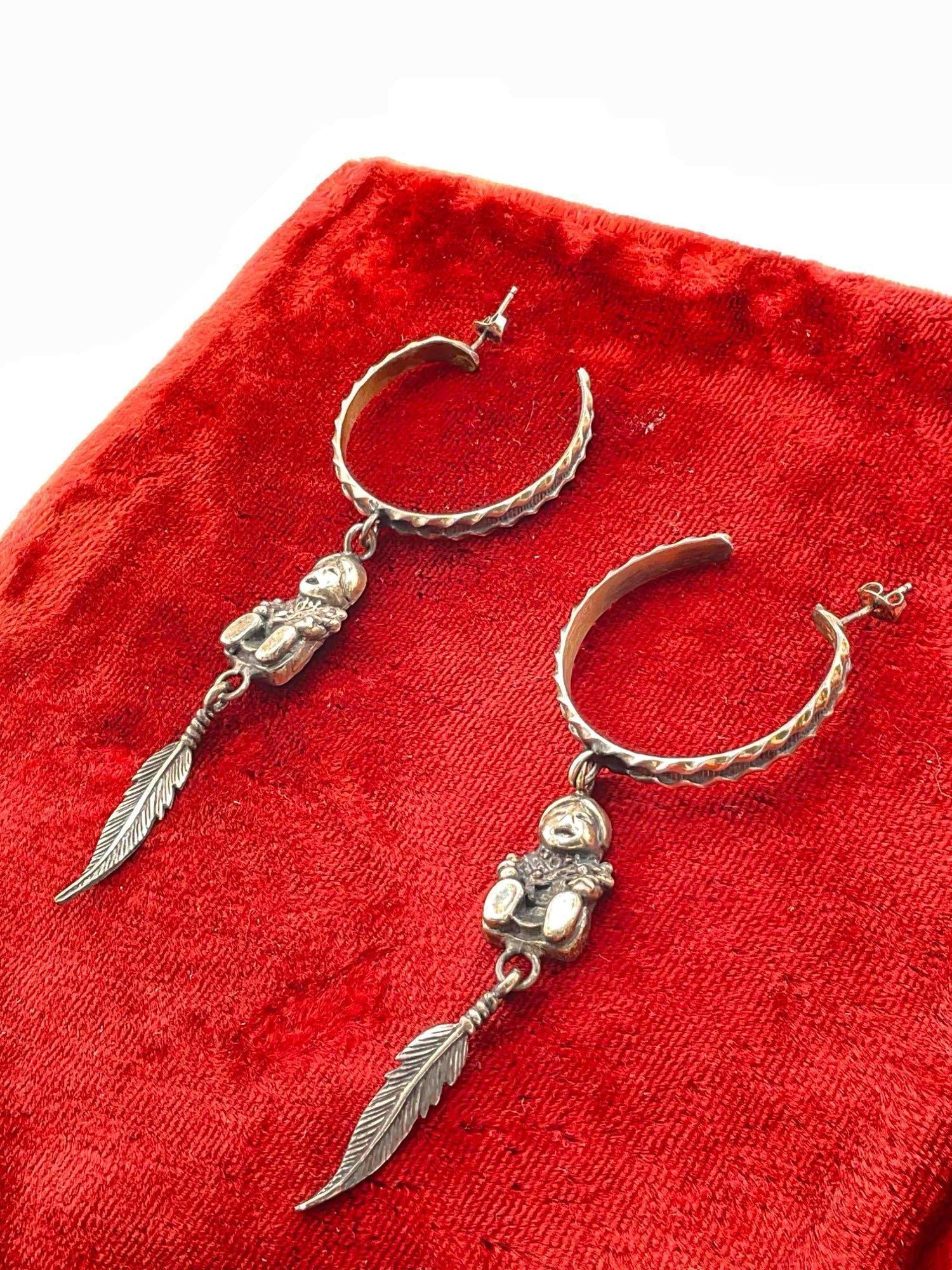 Vintage Carol Felley Sterling Silver Hoop Earrings w/ Storyteller & Feather Dangle Design. - 2