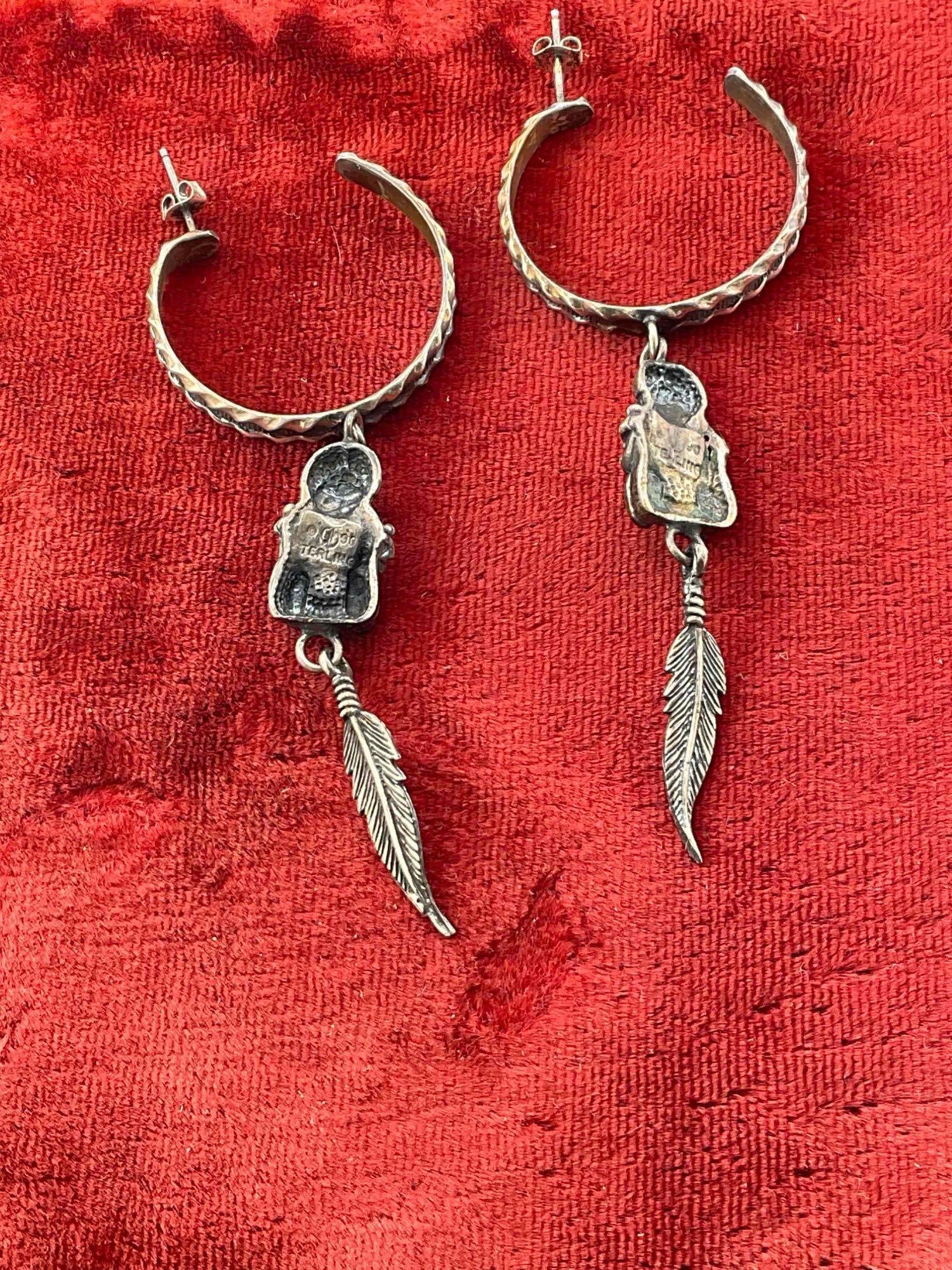 Vintage Carol Felley Sterling Silver Hoop Earrings w/ Storyteller & Feather Dangle Design. - 3