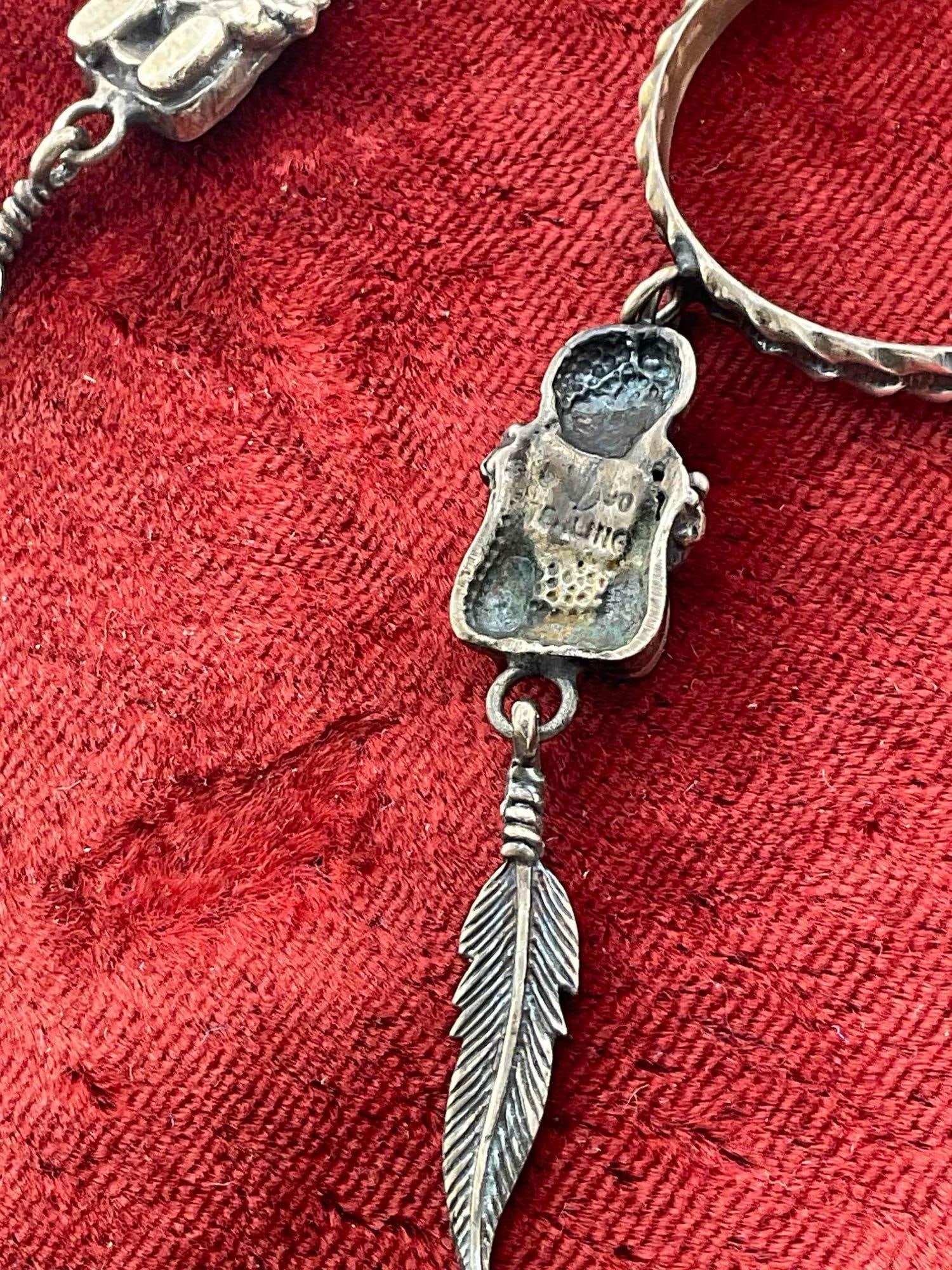 Vintage Carol Felley Sterling Silver Hoop Earrings w/ Storyteller & Feather Dangle Design. - 4