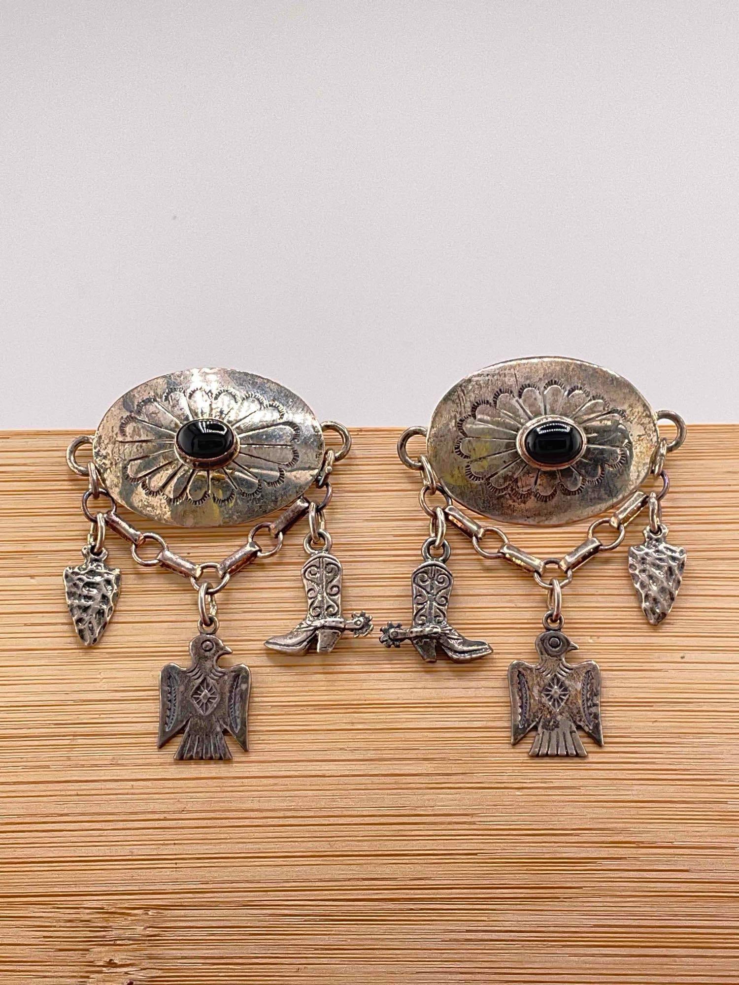 Vintage Carol Felley Sterling Silver Earrings w/ Black Onyx Setting & Western Design. See pics.: Vintage Carol Felley Sterling Silver Earrings w/ Black Onyx Setting & Western Design. Stamped 91 on reverse. Weighs 19 g for the pair. DM-414