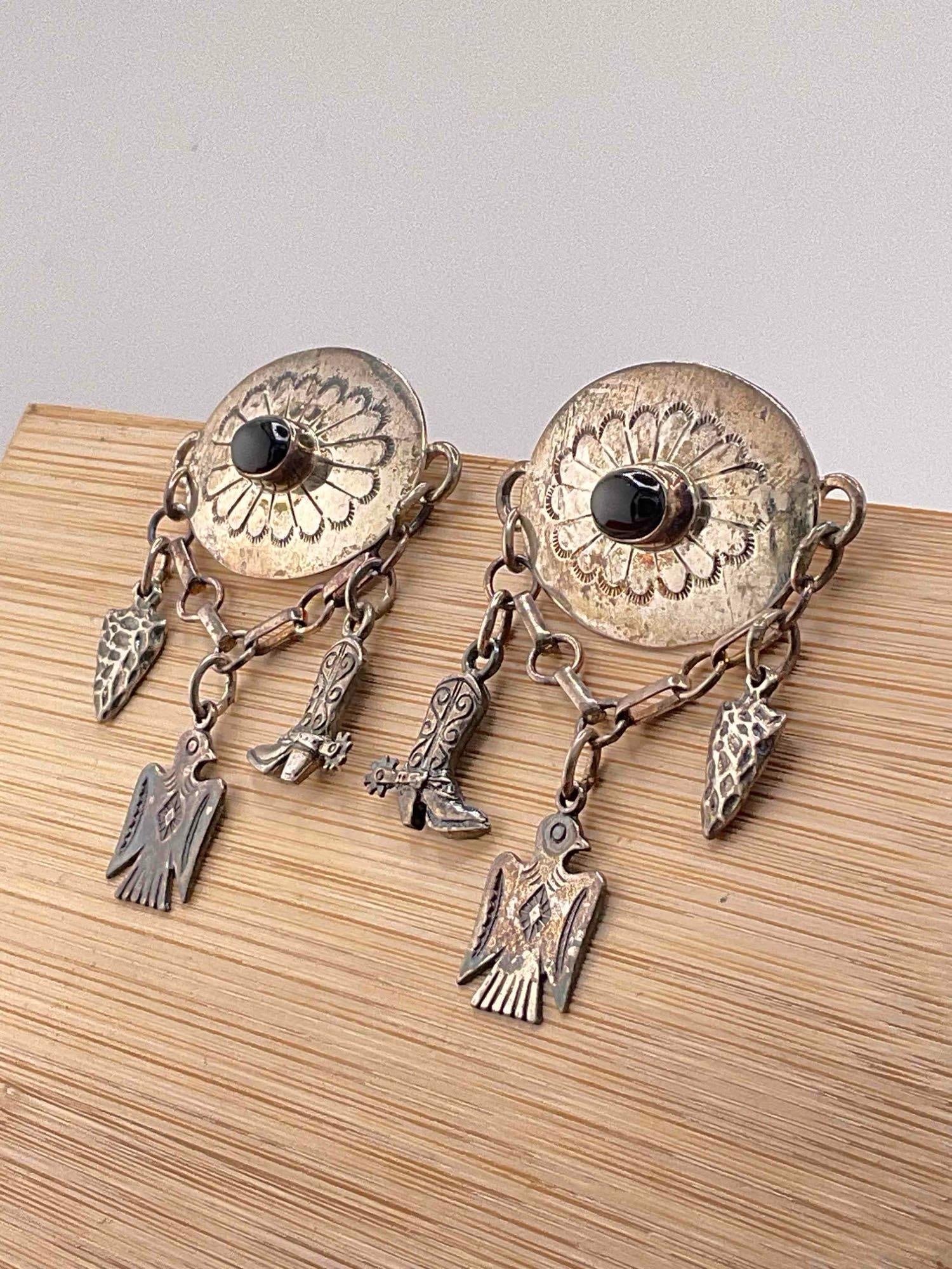 Vintage Carol Felley Sterling Silver Earrings w/ Black Onyx Setting & Western Design. See pics. - 2