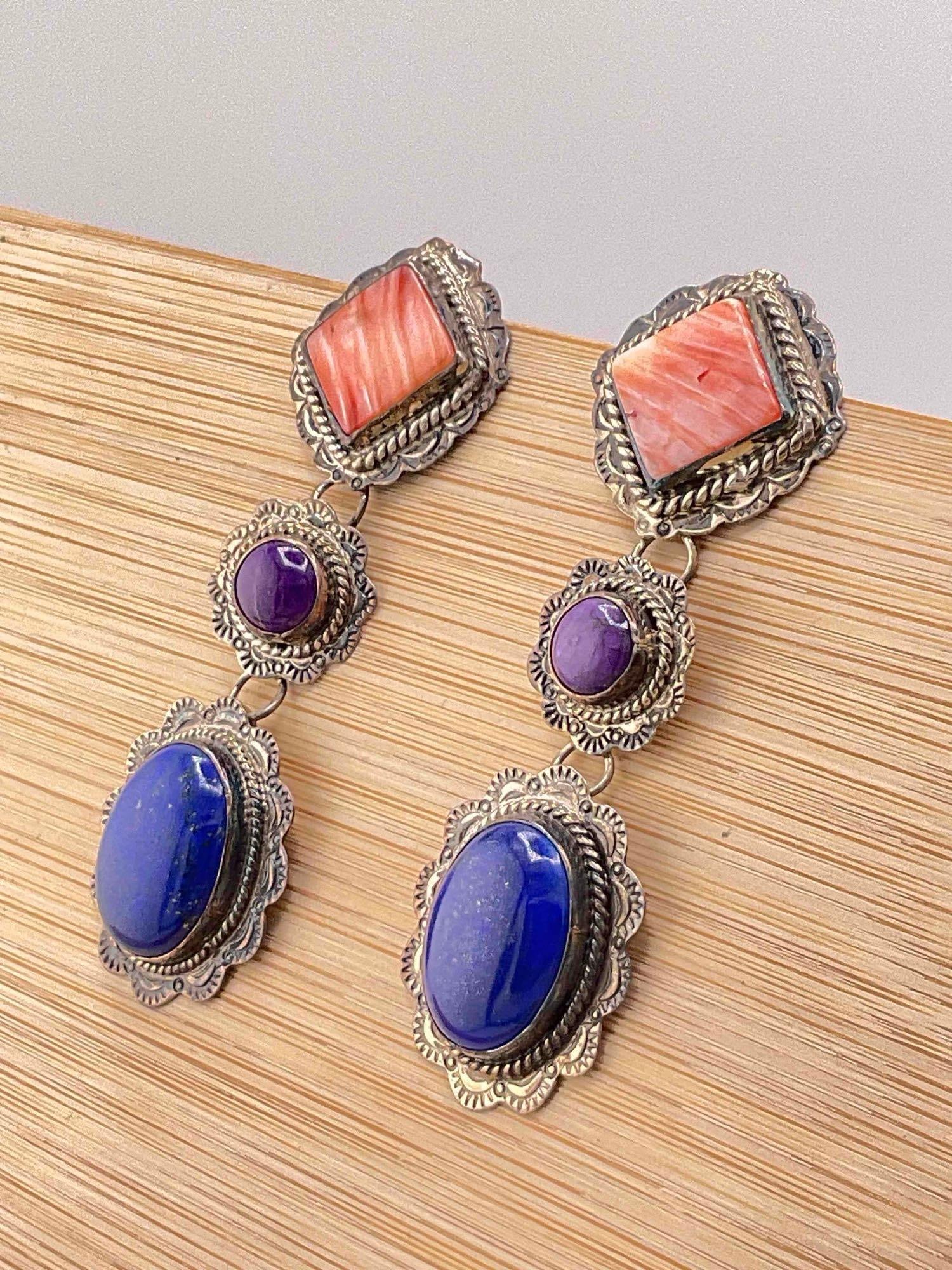 Vintage Native American Nakai Sterling Silver Drop Earrings w/ Multicolored Toned Settings. - 2