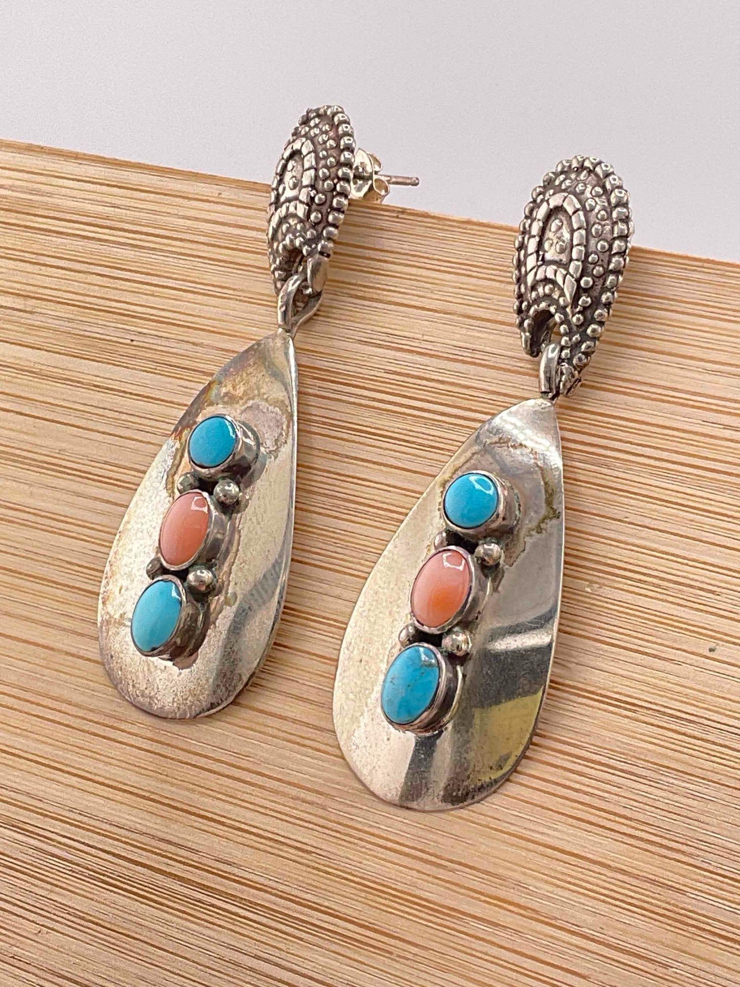 Vintage Carol Felley Sterling Silver Drop Earrings w/ Turquoise & Coral Toned Settings. See pics. - 2