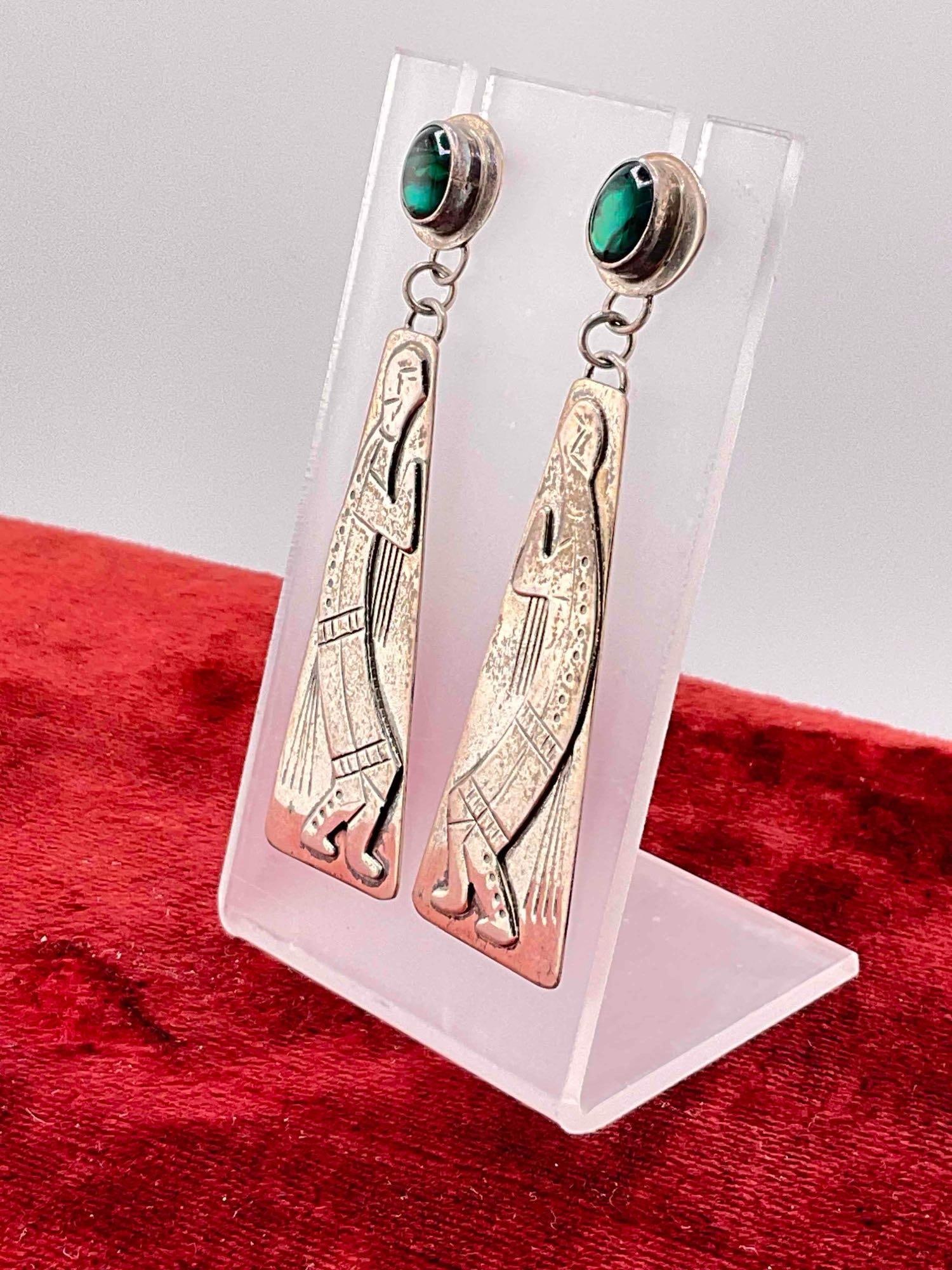 Vintage Native American Sterling Silver Earrings w/ Dancer Design & Dyed Abalone Toned Setting. - 2