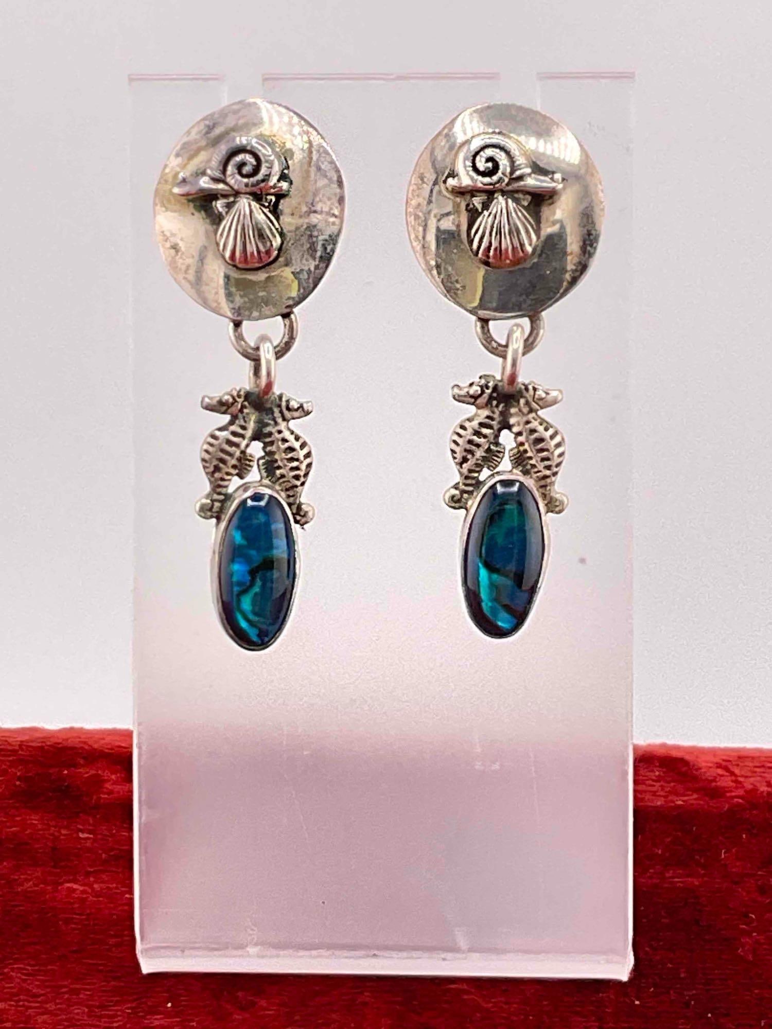 Vintage Carol Felley Sterling Silver Earrings w/ Dyed Abalone Toned Setting & Marine Design.: Vintage Carol Felley Sterling Silver Earrings w/ Dyed Abalone Toned Setting & Marine Design. DM-414