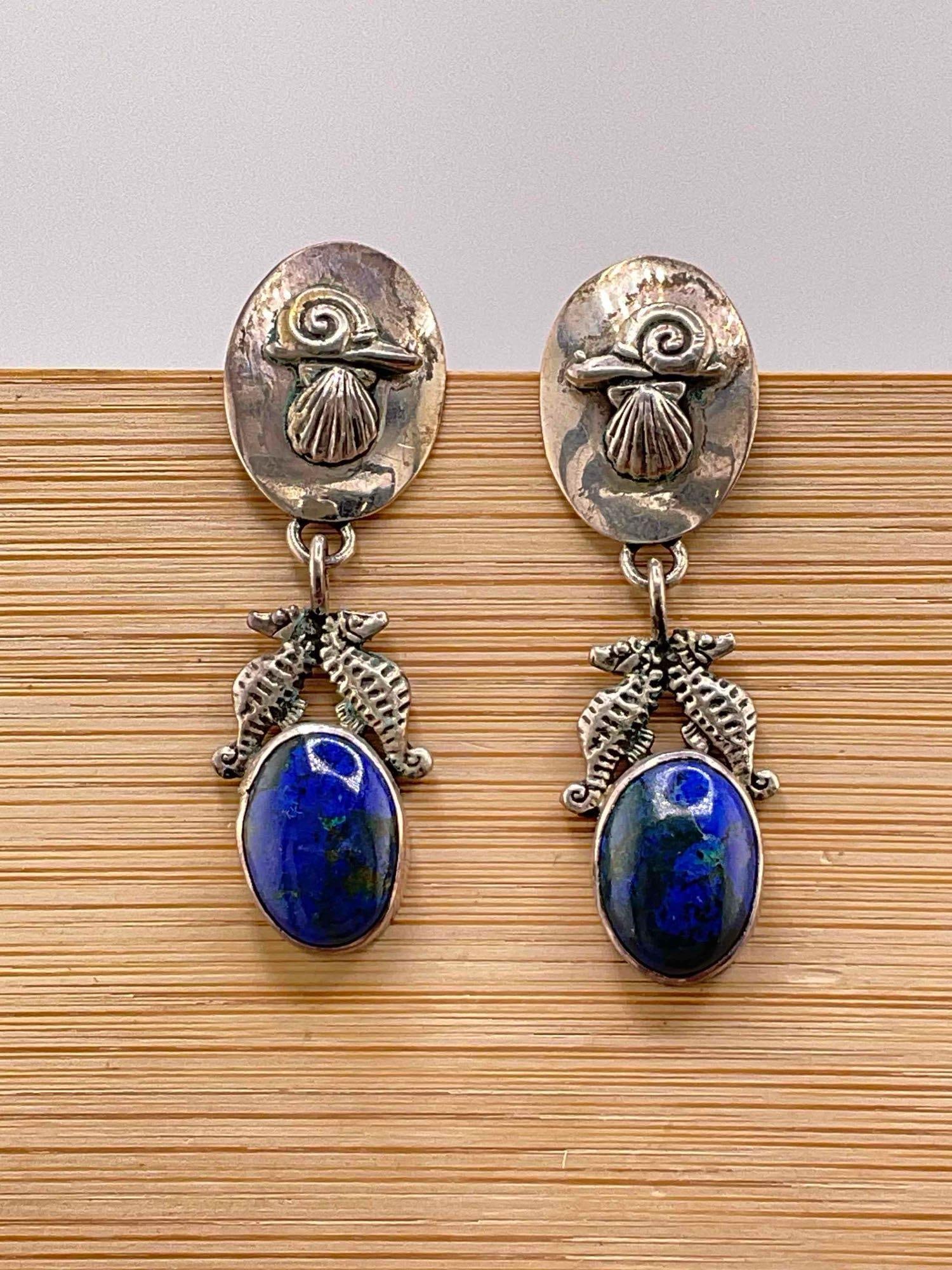 Vintage Carol Felley Sterling Silver Earrings w/ Lapis Toned Setting & Marine Design. See pics.: Vintage Carol Felley Sterling Silver Earrings w/ Lapis Toned Setting & Marine Design. DM-414
