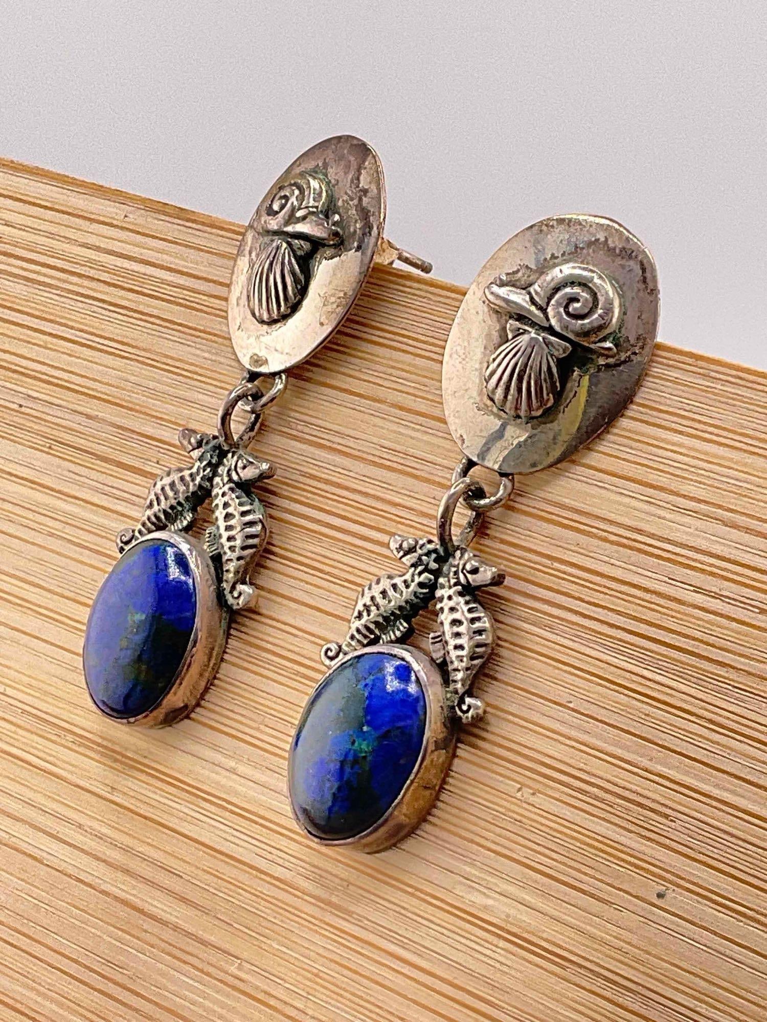 Vintage Carol Felley Sterling Silver Earrings w/ Lapis Toned Setting & Marine Design. See pics. - 2