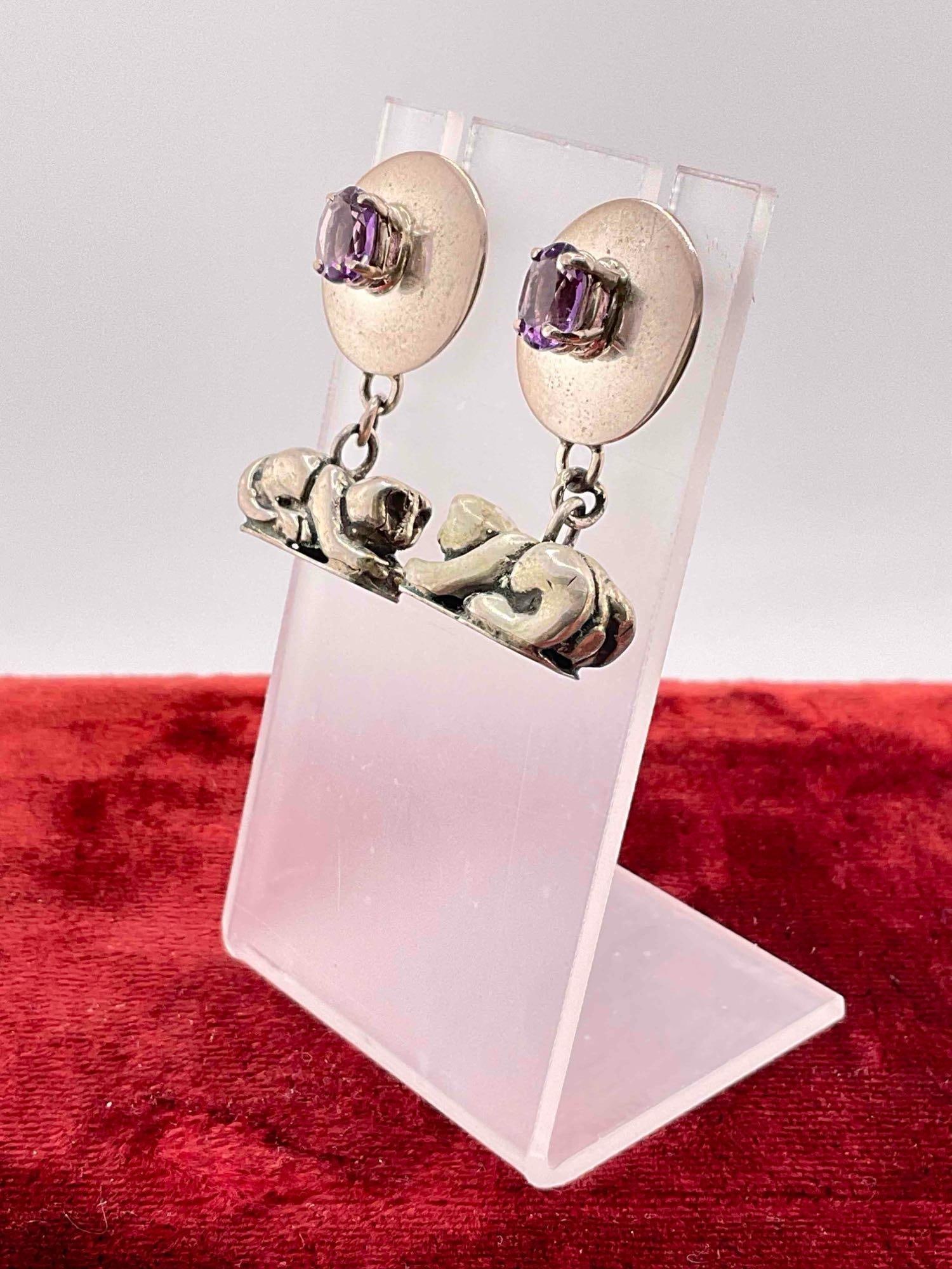Vintage Carol Felley Sterling Silver Earrings w/ Amethyst Toned Setting & Cat Design. See pics. - 2