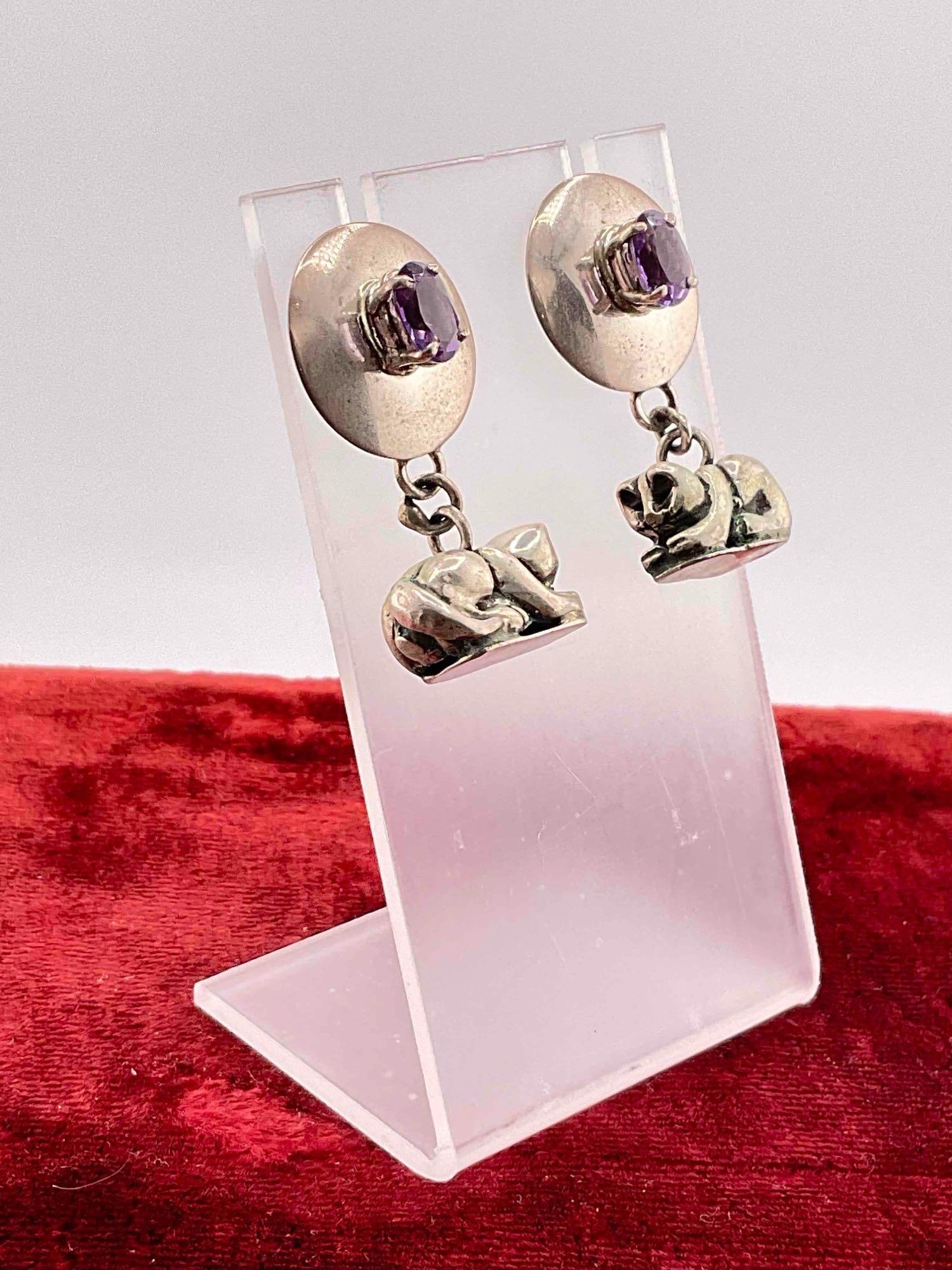 Vintage Carol Felley Sterling Silver Earrings w/ Amethyst Toned Setting & Cat Design. See pics. - 3
