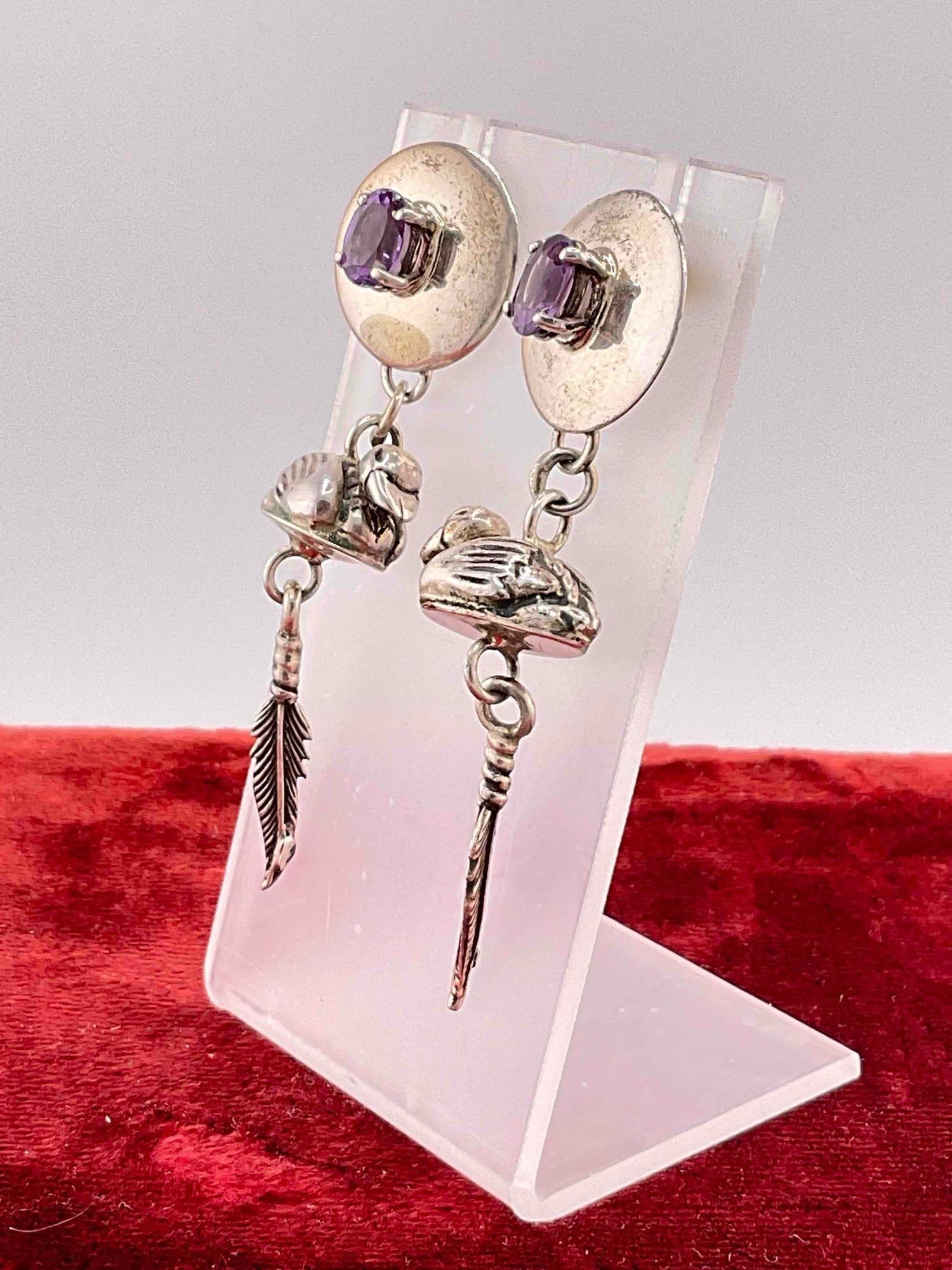 Vintage Carol Felley Sterling Silver Earrings w/ Amethyst Toned Setting & Duck Design. See pics. - 2