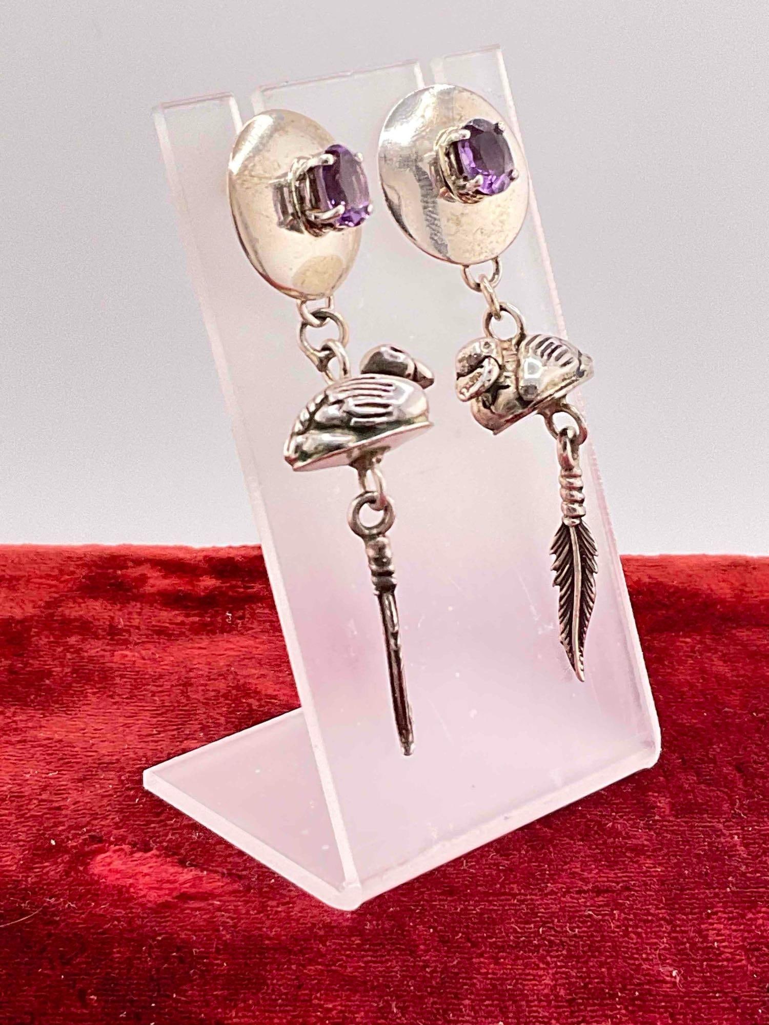 Vintage Carol Felley Sterling Silver Earrings w/ Amethyst Toned Setting & Duck Design. See pics. - 3