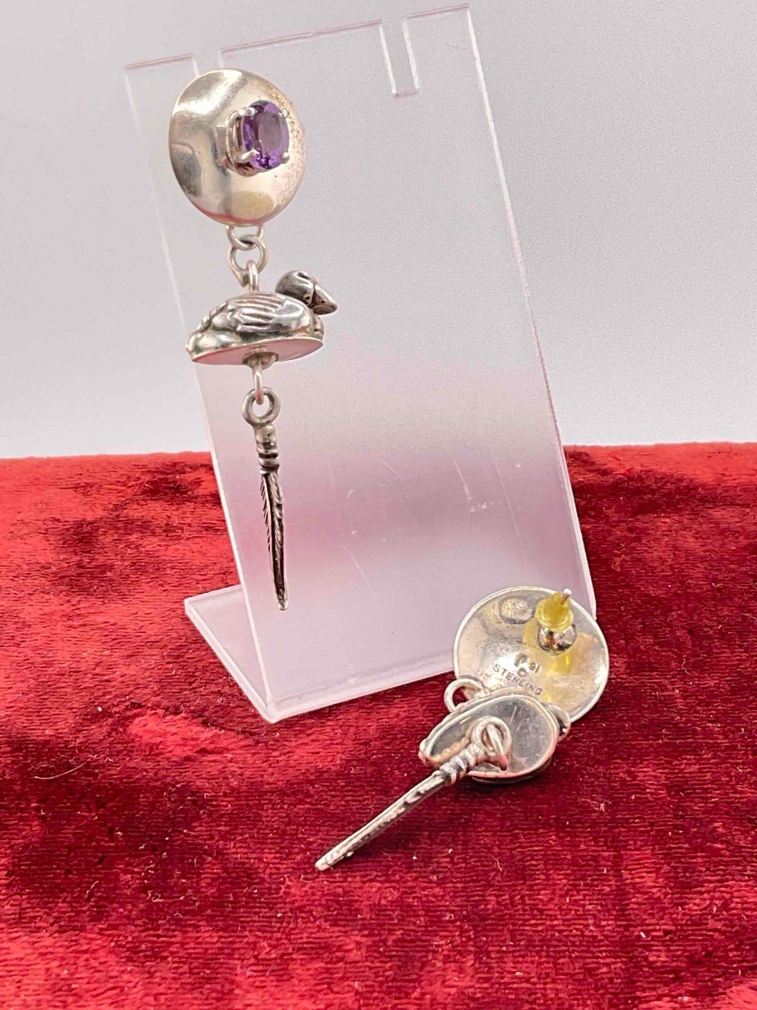 Vintage Carol Felley Sterling Silver Earrings w/ Amethyst Toned Setting & Duck Design. See pics. - 4