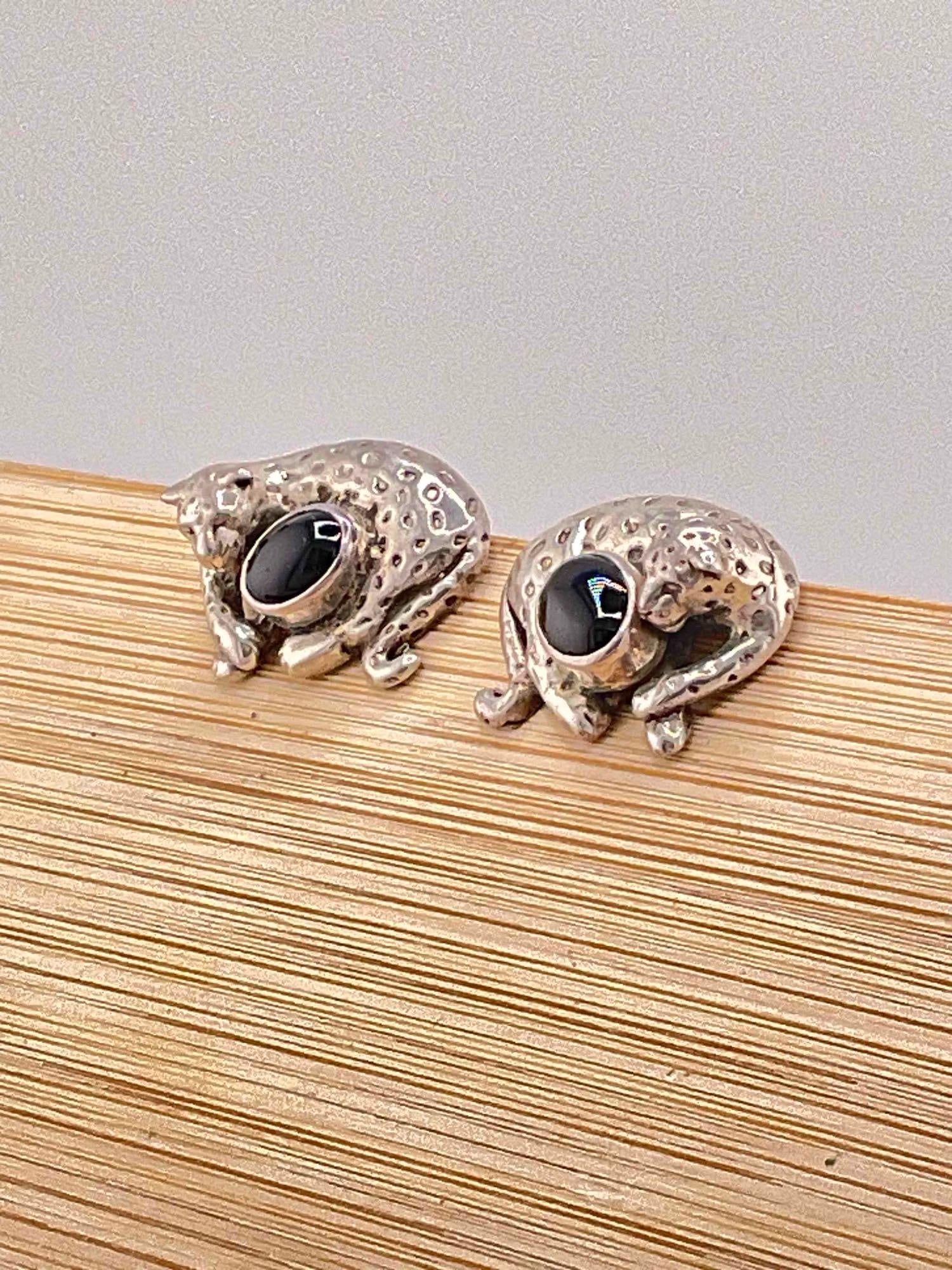 Vintage Carol Felley Sterling Silver Post Earrings w/ Black Onyx Toned Setting & Leopard Design. - 2