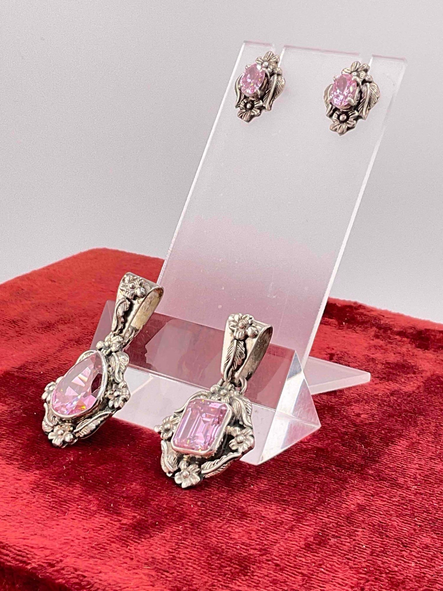 Vintage Carol Felley Sterling Silver Jewelry incl. Earrings & 2x Pendants w/ Pink CZ Toned Setting. - 2