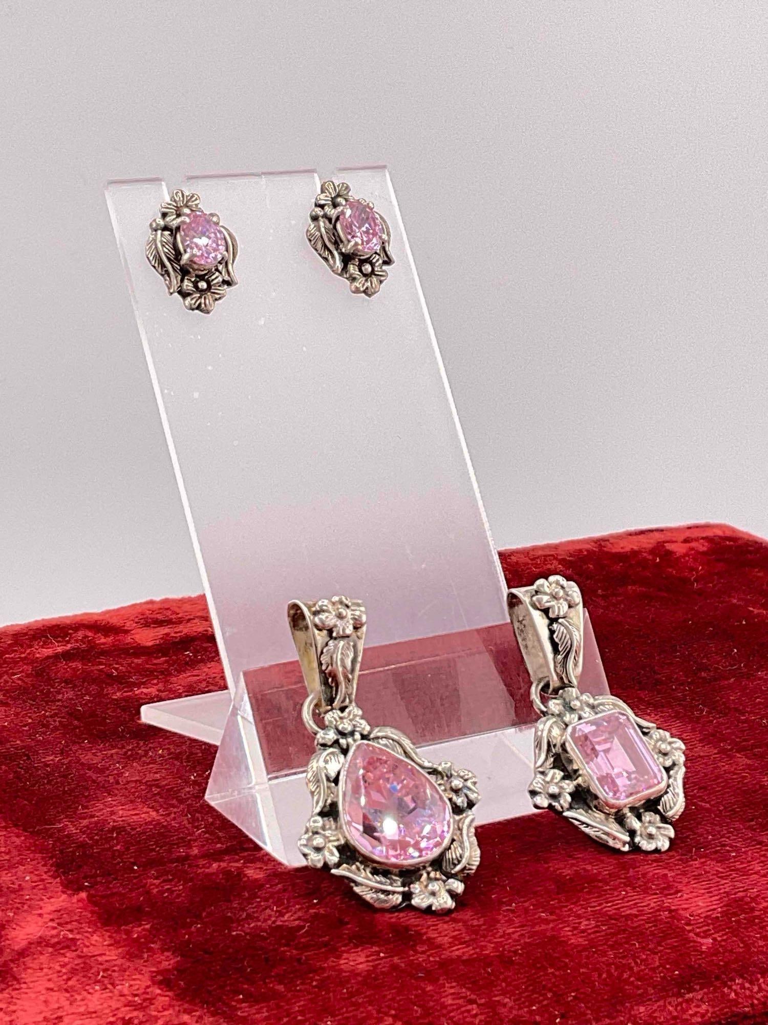 Vintage Carol Felley Sterling Silver Jewelry incl. Earrings & 2x Pendants w/ Pink CZ Toned Setting. - 3